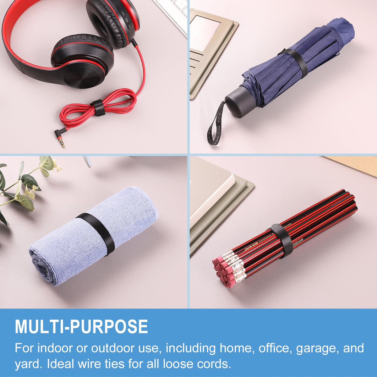 100 PCS 8 Inches Reusable Cable Ties | Adjustable Cord Wraps, Cable Straps | Hook & Loop Cord Organizer, Cable Management