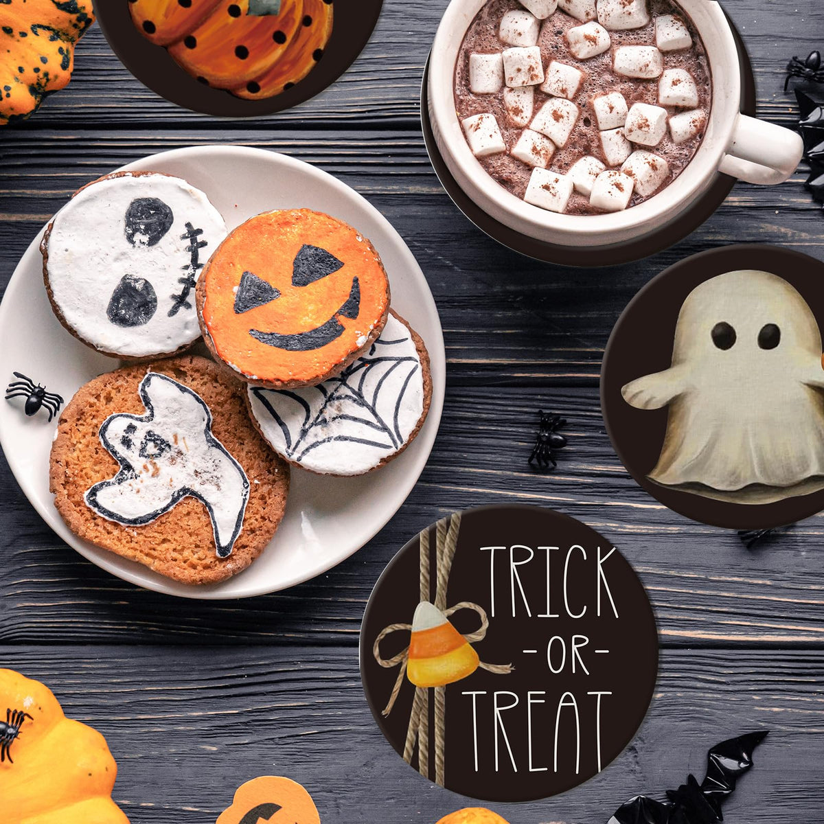Whaline 4Pcs Happy Halloween Coasters Trick or Treat Ghost Pumpkin Ceramic Coasters Absorbent Cup Mat for Home Kitchen Office Party Table Decor