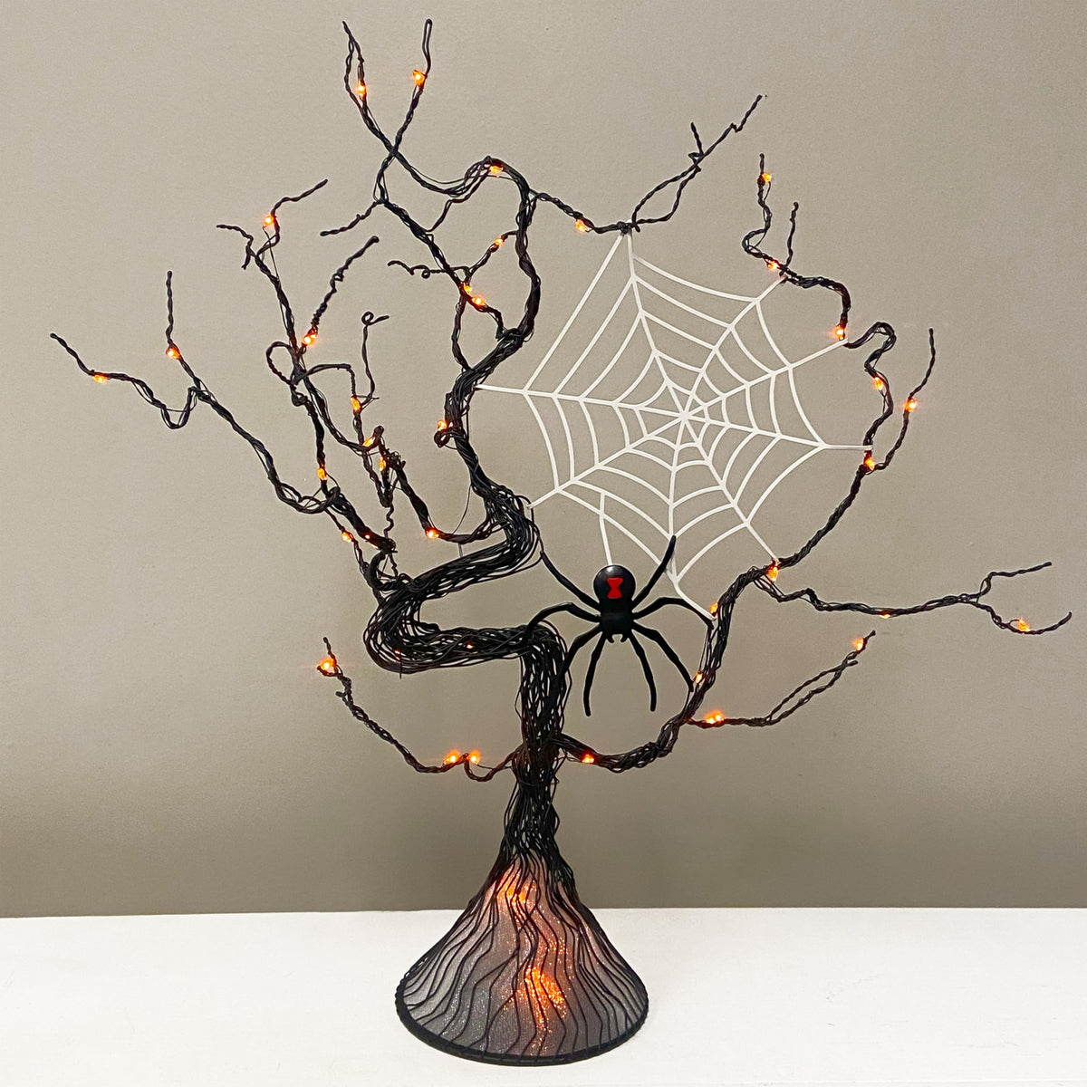 Haute Decor Halloween Tree with Spider - Lighted Black Metal Tree Halloween Centerpiece
