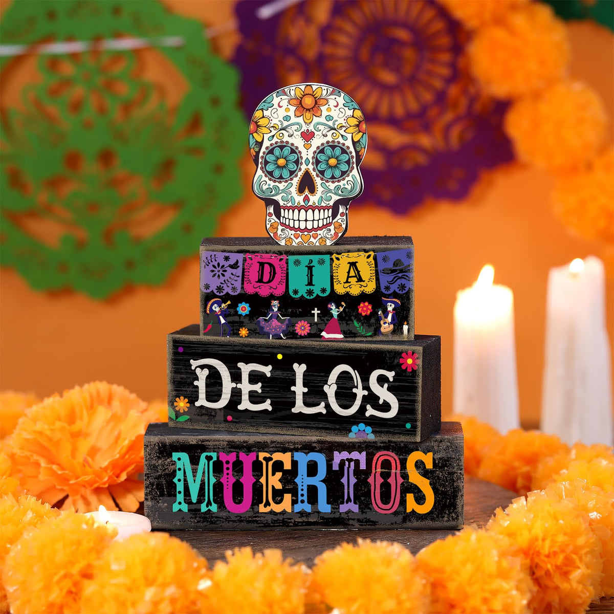 Lineshading 4 Pcs Day of The Dead Table Decorations Day of The Dead Centerpiece for Table Dia De Los Muertos Tiered Tray Decor Wood Sugar Skull Block Signs for Halloween Party Home Shelf Decoration