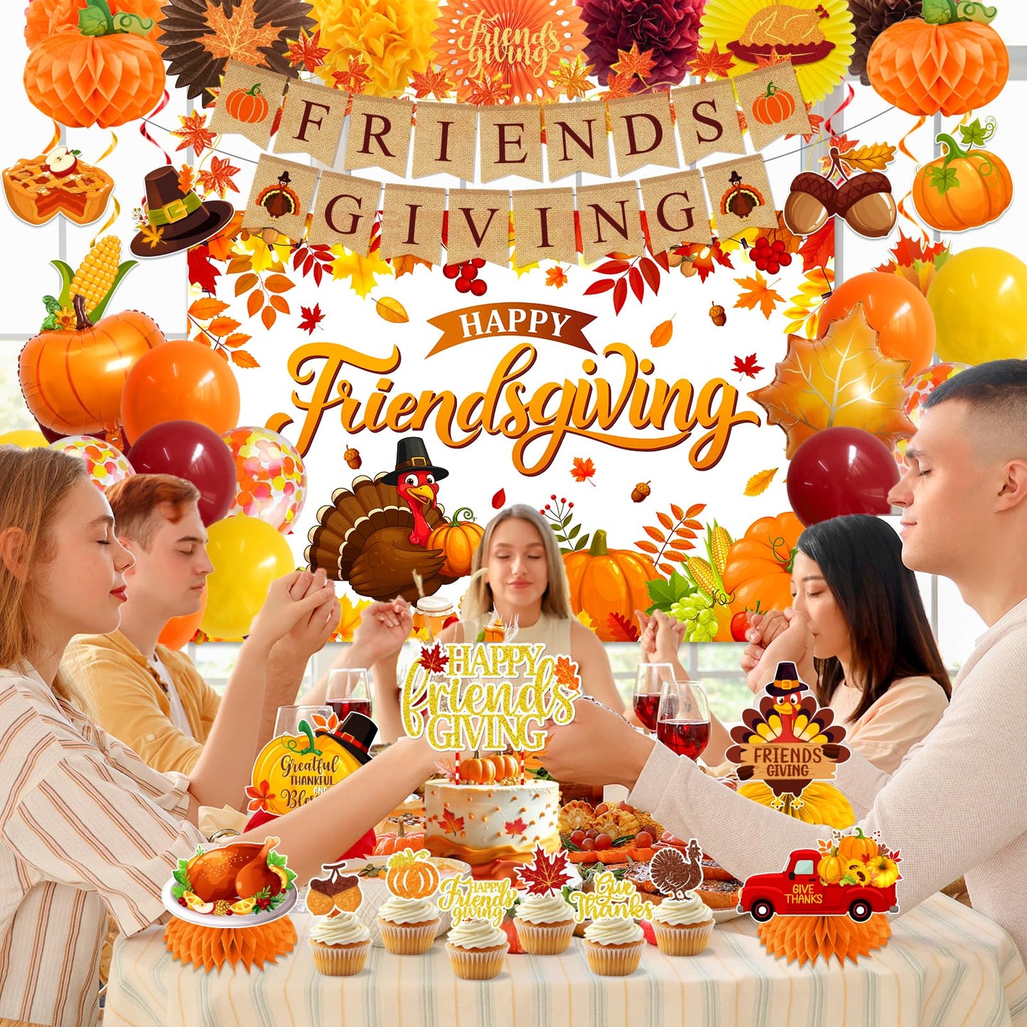 Friendsgiving Decorations - Autumn Thanksgiving Party Supplies Include Happy Friendgiving Backdrop,Honeycomb Centerpiece,Pom Poms and Pumpkin Balloons