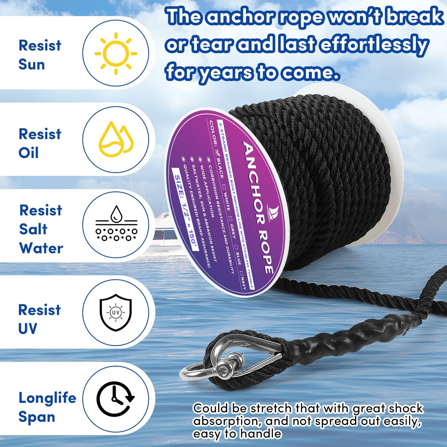 VEITHI Boat Anchor Rope 150 ft x 1/2 inch Black, 3 Strand Anchor Line Marine Rope with Stainless Steel Thimble & Shackle Ideal for Towing,Docking,Boats,Mooring,Anchoring,for Boats Up to 35'