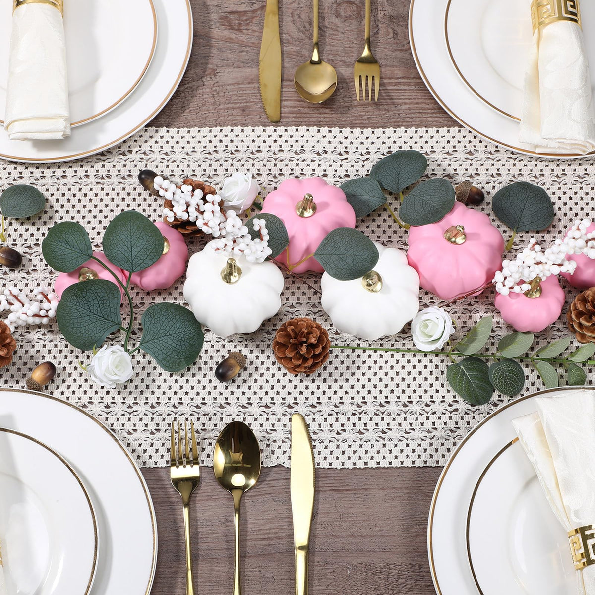 Artificial Pumpkin Eucalyptus Leaves Fall Decor, 56 PCS Fall Harvest Decorations for Halloween Thanksgiving with Pumpkins Acorns Pinecones Berries Leaves for Farmhouse Table Tiered Tray(White,Pink)