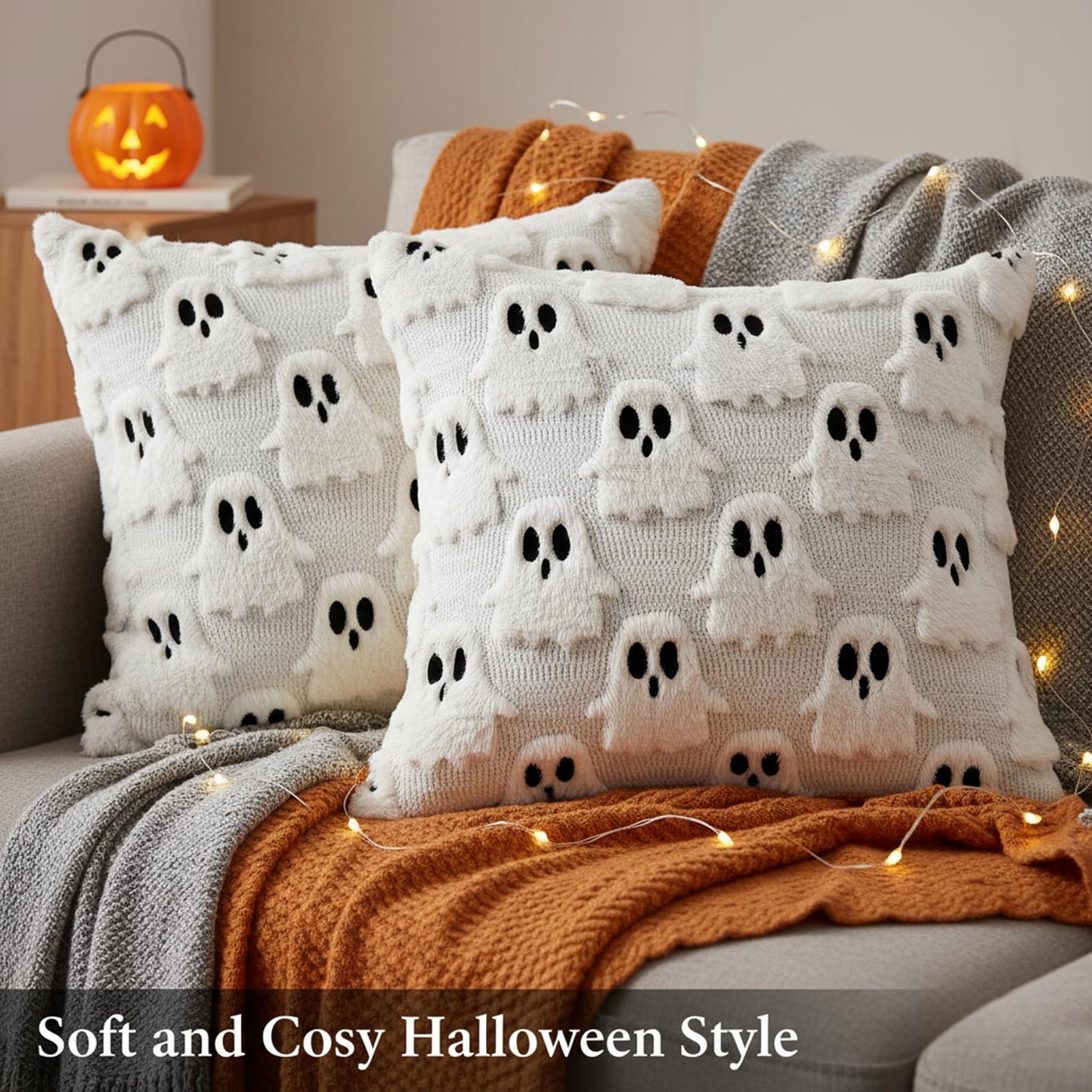 zmzdp 2PCS Halloween Pillow Covers, 18x18 inch White Ghost Throw Pillow Covers, Faux Fur Soft Couch Cushion Case, Fluffy Plush Accent Throw Pillow Case for Halloween Home Decor Indoor