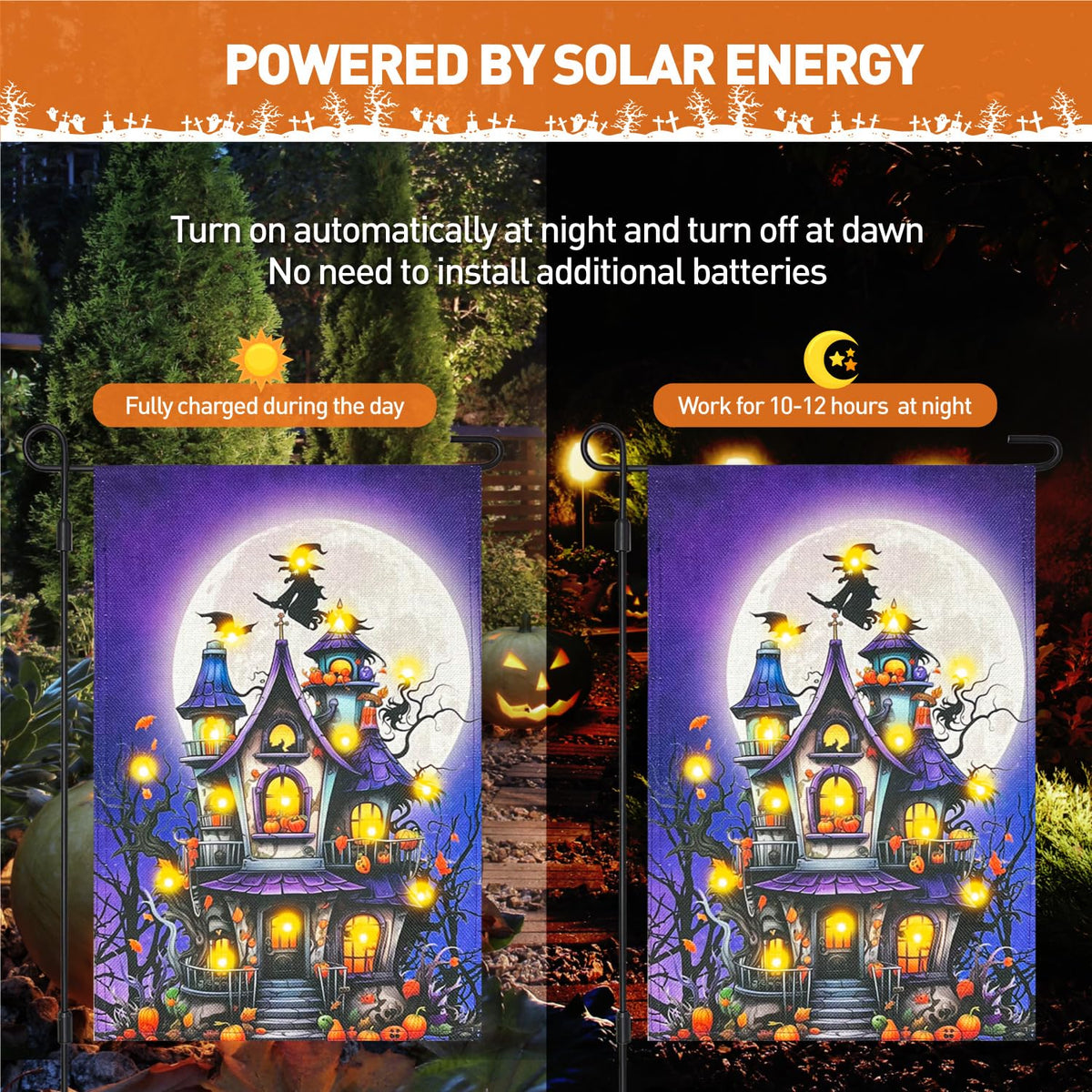 Vigor Home Solar Lighted Halloween Garden Flag Double Sided 12×18 Inch, 8 Modes Led Small Vertical Haunted House Pumpkin Witch Full Moon Yard Flags for Outside Front Porch Lawn Outdoor Decor