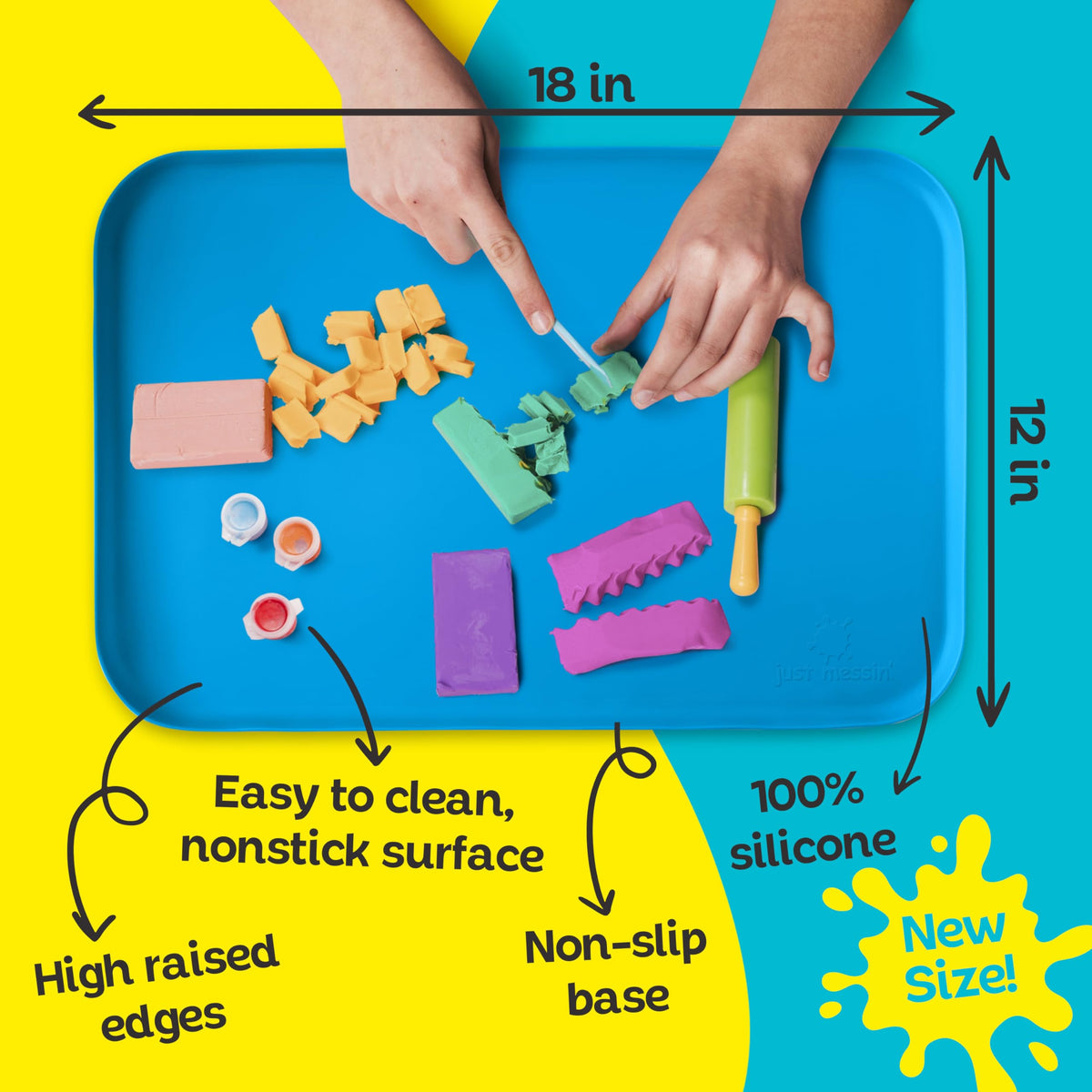 Just Messin' Silicone Art Mat Bundle – 16”x26” Gray & 12”x18” Blue Mats with High .6" Edge, Non-Slip, Heat Resistant for Crafts, Resin,Paint & Jewelry-Making