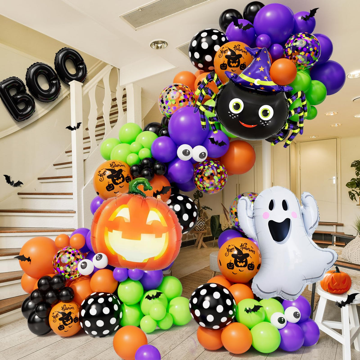 CboDeco Halloween Balloon Garland Arch Kit 144PCS with Ghost Pumpkin Spider BOO Foil Balloon Black Orange Green Purple Balloons for Halloween Decorations Balloons Party Supplies