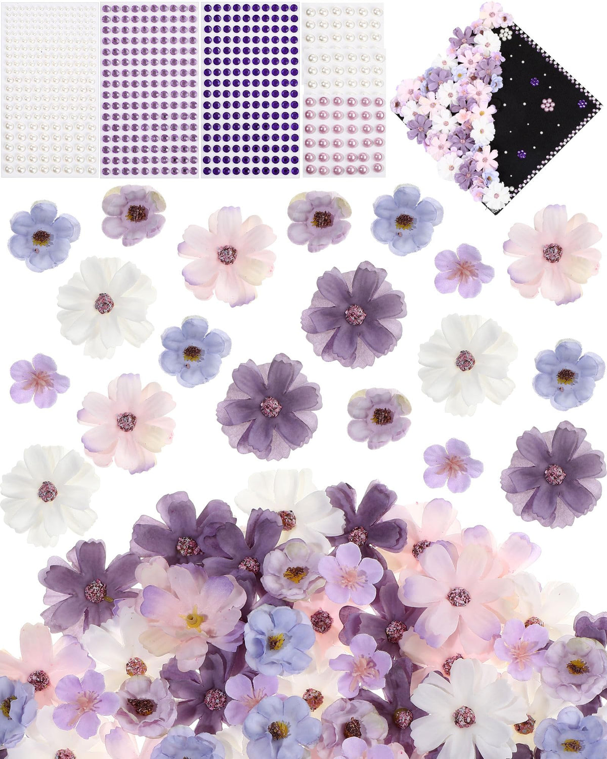Giegxin DIY Graduation Cap Decorations Kit - 160 Mini Faux Flower Heads & 6 Pearl Rhinestone Stickers, Artificial Fabric Flowers for DIY Grad Hat Topper, Wedding Garland & Crafts(Purple Series)