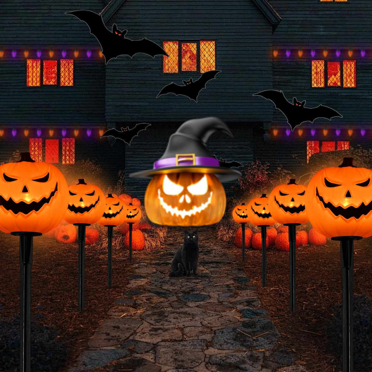 Halloween Decorations Outside - 7Ft LED Pumpkin Pathway Lights Plug in with 4 Pack LED Pumpkin Stake Lights Waterproof, for Halloween Outdoor Path Walkway Yard Lawn Landscape Decor, 0.6W