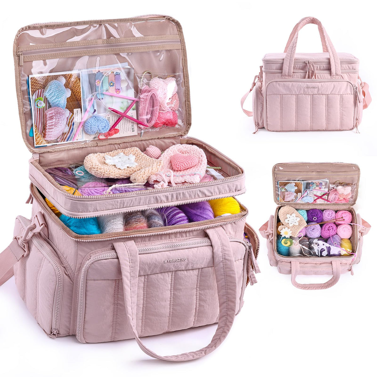 MYBAGZING Large Knitting & Crochet Bag Organizer for Yarn Storage, Double-Layer Knitting Project Bag with 6 Grommets, Yarn Organizer Tote for Knitting Supplies Crochet Hooks & Accessories Gift for Mom