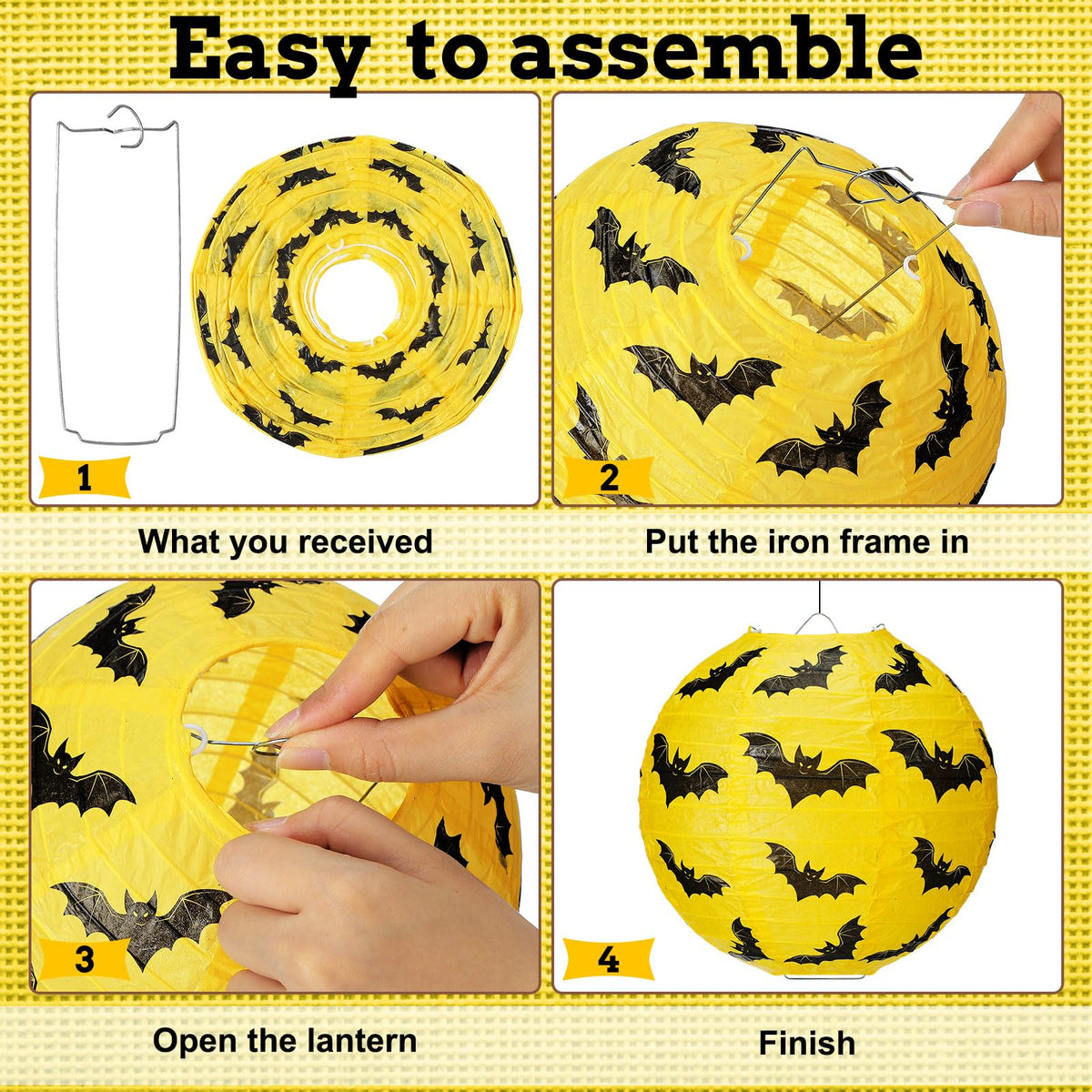Glooglitter 12 Pcs Bat Paper Lanterns Hanging Decorations Yellow & Black Bat Theme Party Supplies for Birthday Baby Shower Halloween Party Ceiling Decor, 8 Inch