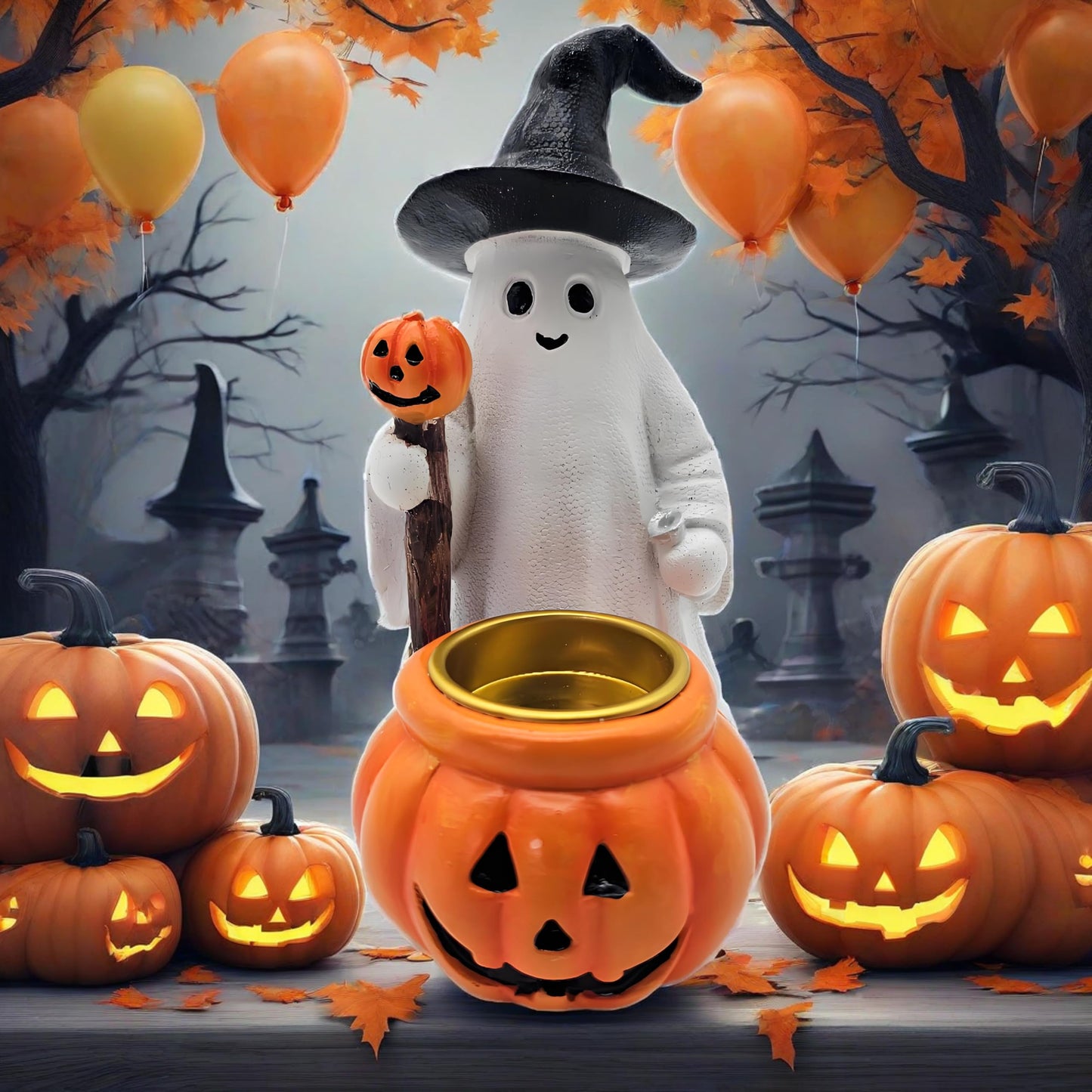 HARUHI Adorable Spooky Ghost Statue Figurine Cute Halloween Decor for Desk Shelf Home & Garden Decoration（Ghost Mage）