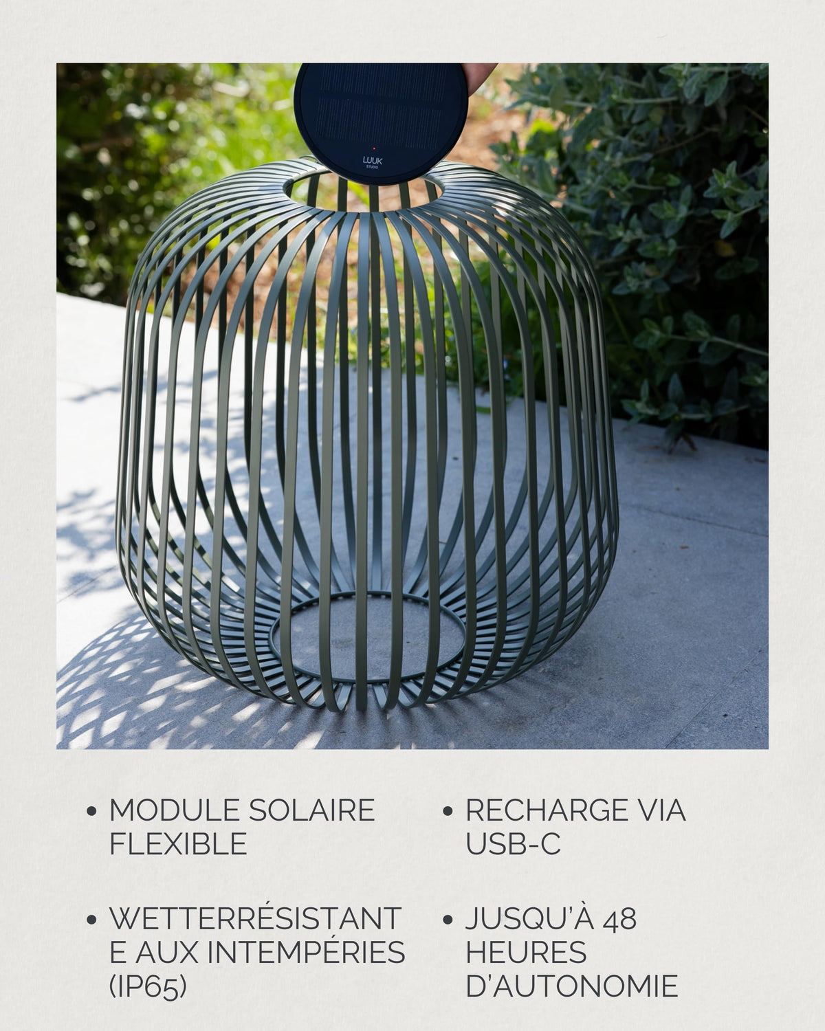 LUUK Studio Solis Wireless Solar LED Lamp, Warm White, 3 Level Dimmable, 48 Hours, Indoor & Outdoor Lantern, USB-C Rechargeable, Bedroom or Living Room, Calm Minimalist Look, Sage Green, Size L