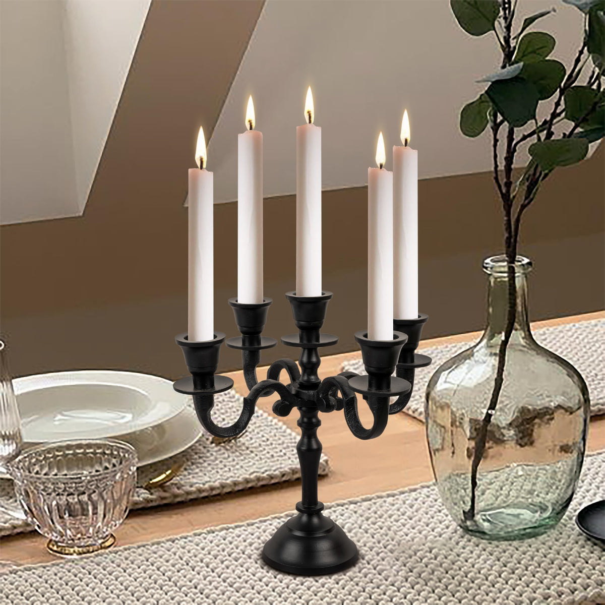 Rely+ 5 Arm Baby Candelabra Black Matte 8 Inch Taper Candle Holders Gothic Decorations Candlesticks Holder Home Decor Wedding Parties Centerpiece for Dining Table