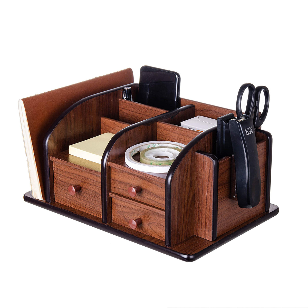 Liry Products Brown Wooden Desk Organizer Multiple Compartments 3 Drawers Slots 2 Shelves Racks Holder Office Supplies Caddy Tabletop Storage Desktop Stationery Accessory Sorter Home Kitchen