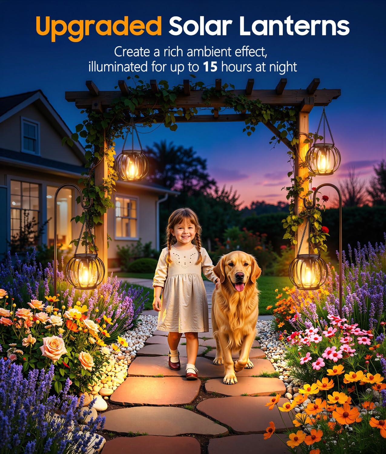 KOOPER Solar Lanterns Outdoor Waterproof, Upgraded Metal Hanging Solar Lights Outdoor Lanterns, Brighter Auto On/Off Outdoor Hanging Lantern for Yard Patio Pathway Porch Garden Decor 2 Pack