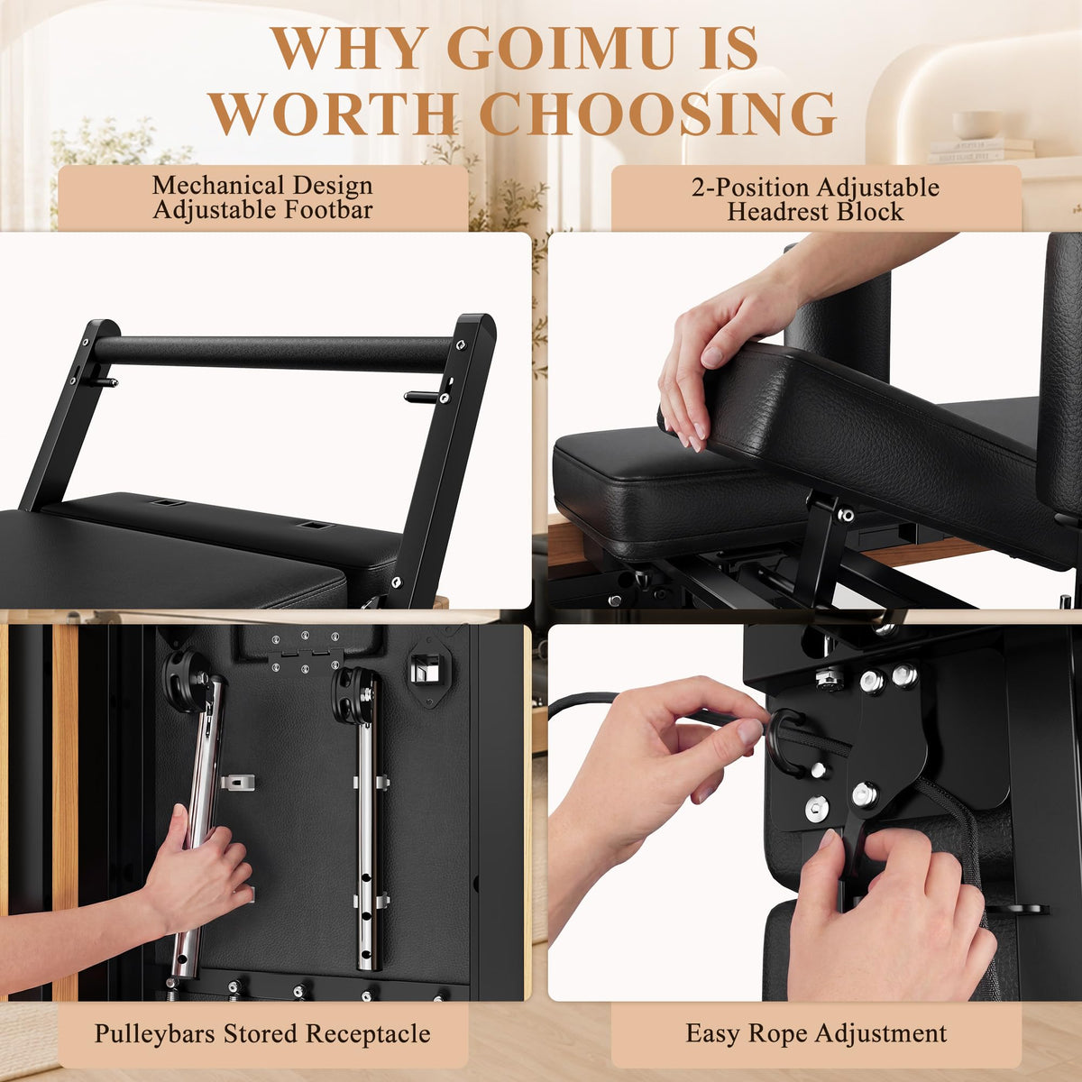 GOIMU Pilates Reformer, 91" Wooden Pilates Reformer Machine with Springs, Foldable Pilates Machine for Studio and Home, Oak Pilates Equipment with Jump Board