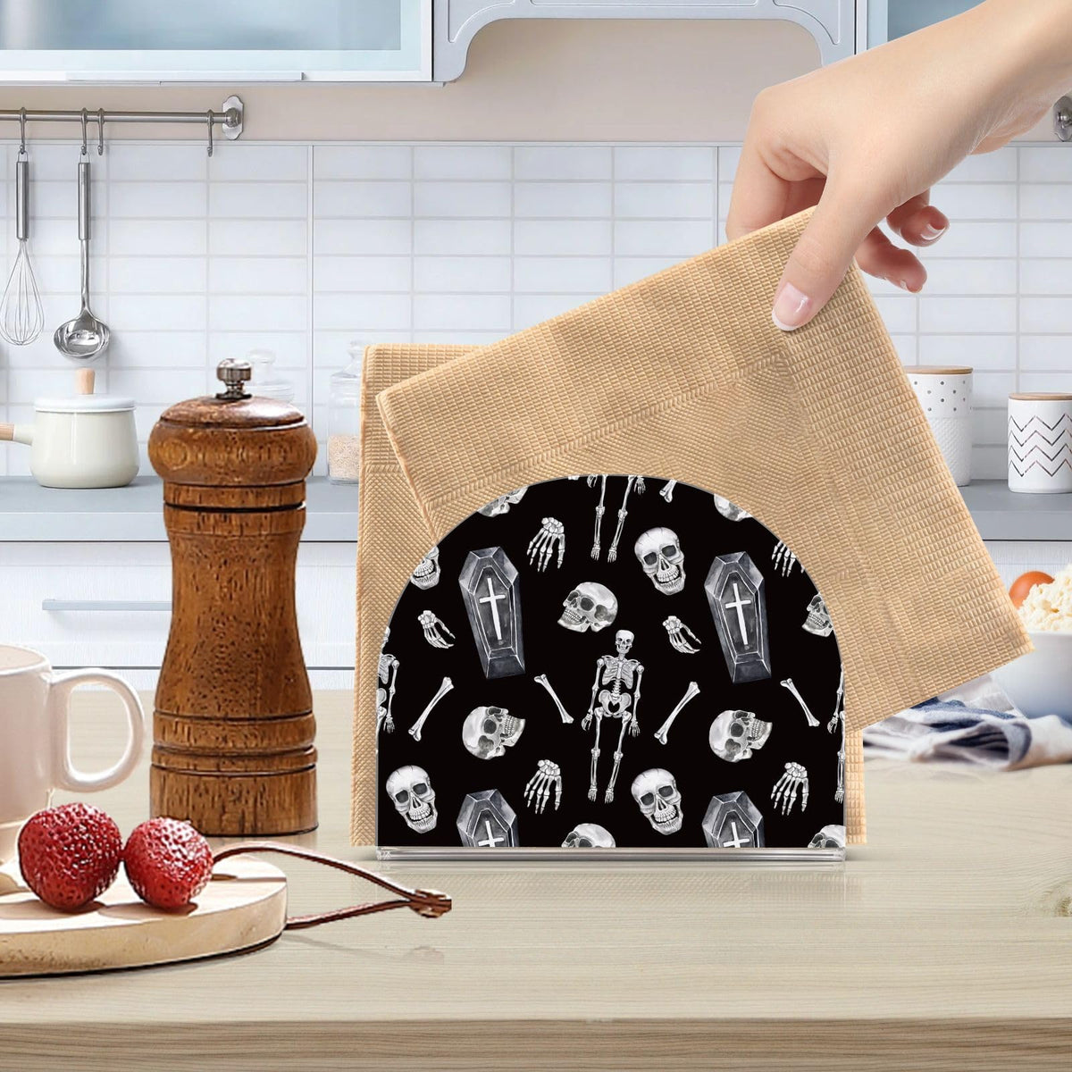 YNNALE Gothic Skull Skeleton Coffin Black Napkin Holder for Table Acrylic Cocktail Napkin Holders Decorative Tissue Dispenser Vertical Napkin Holder for Home Decor Kitchen Dining