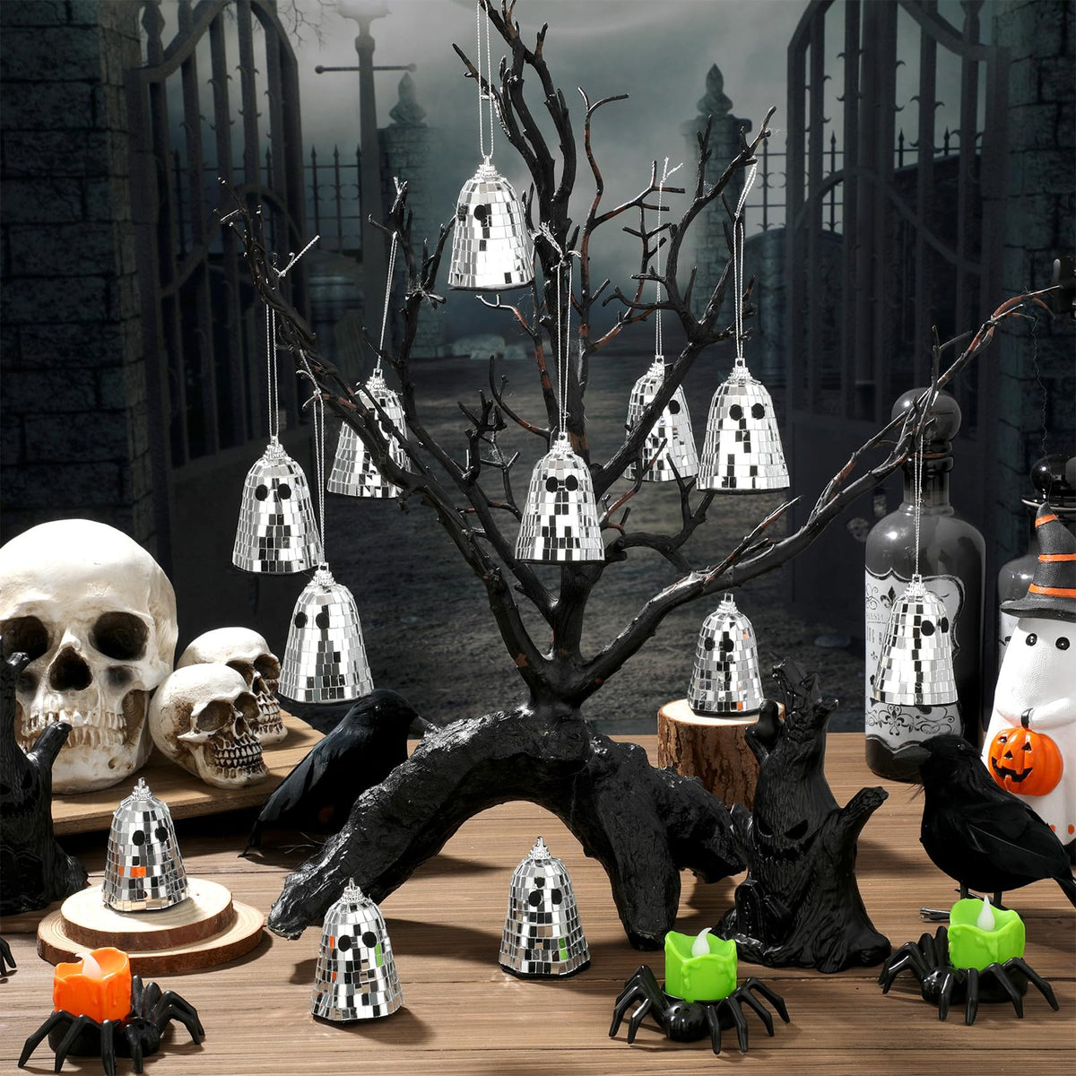 Simgoing 12 Pcs Halloween Disco Ghosts Decor Halloween Ornament Silver Mirror Disco Skeleton Tabletop Centerpiece for Holiday Cosplay Home Props Gift Party Decorations (Pink)