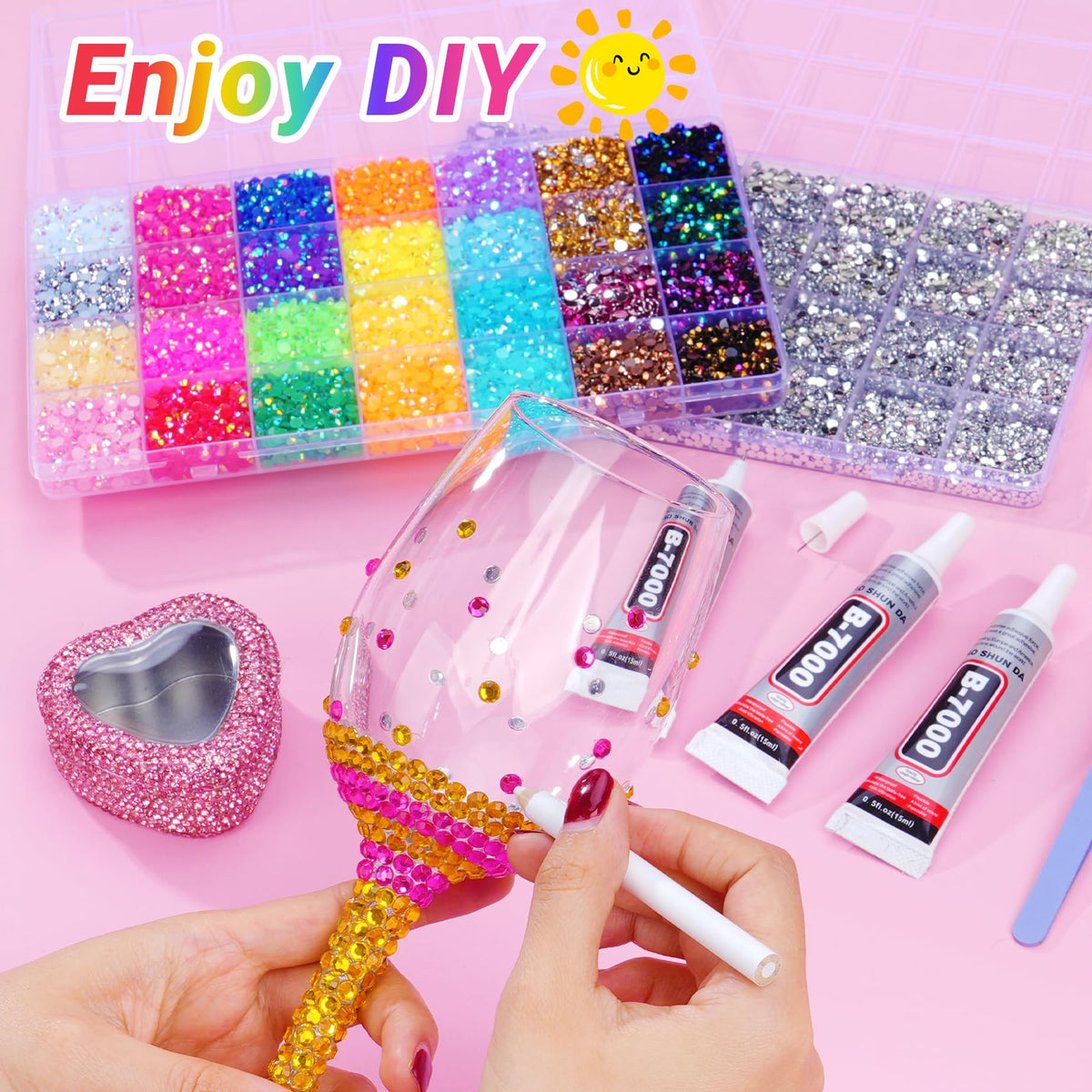 61000Pcs Jelly Rhinestones for Bedazzling, 2 Boxes Multicolor 3mm & Silver Clear 2/3/4/5/6mm Resin Flatback Gems for Crafting, Bedazzler Kit with 3Pcs 15ml B7000 Jewelry Glue for Crafts Clothes Book