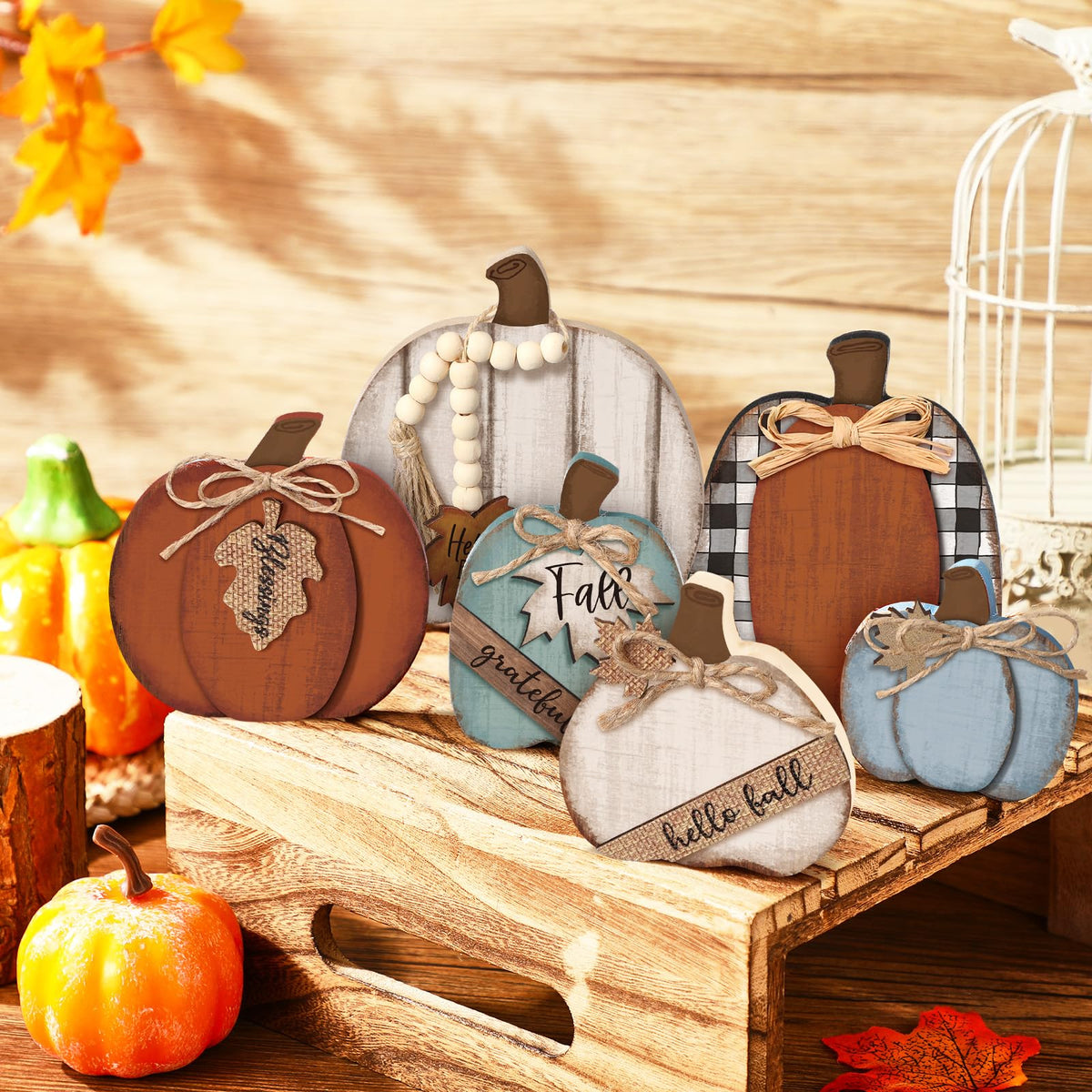 Wonderjune 6 Pcs Fall Decorations Modern Rustic Pumpkin Wooden Sign Autumn Farmhouse Pumpkin Block Table Centerpiece Grateful Blessing Tiered Tray Decor for Fall Thanksgiving Home Office Desk Decor