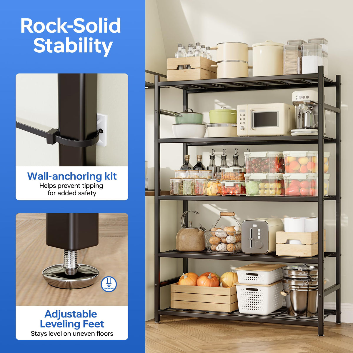 Tujurich 36.4" W Storage Shelves, 5-Tier Metal Shelving Unit with Adjustable Feet, Shelf Organizer for Garage, Kitchen, Pantry and Closet Organization, 36.4" x 11.8" x 68.3", Black