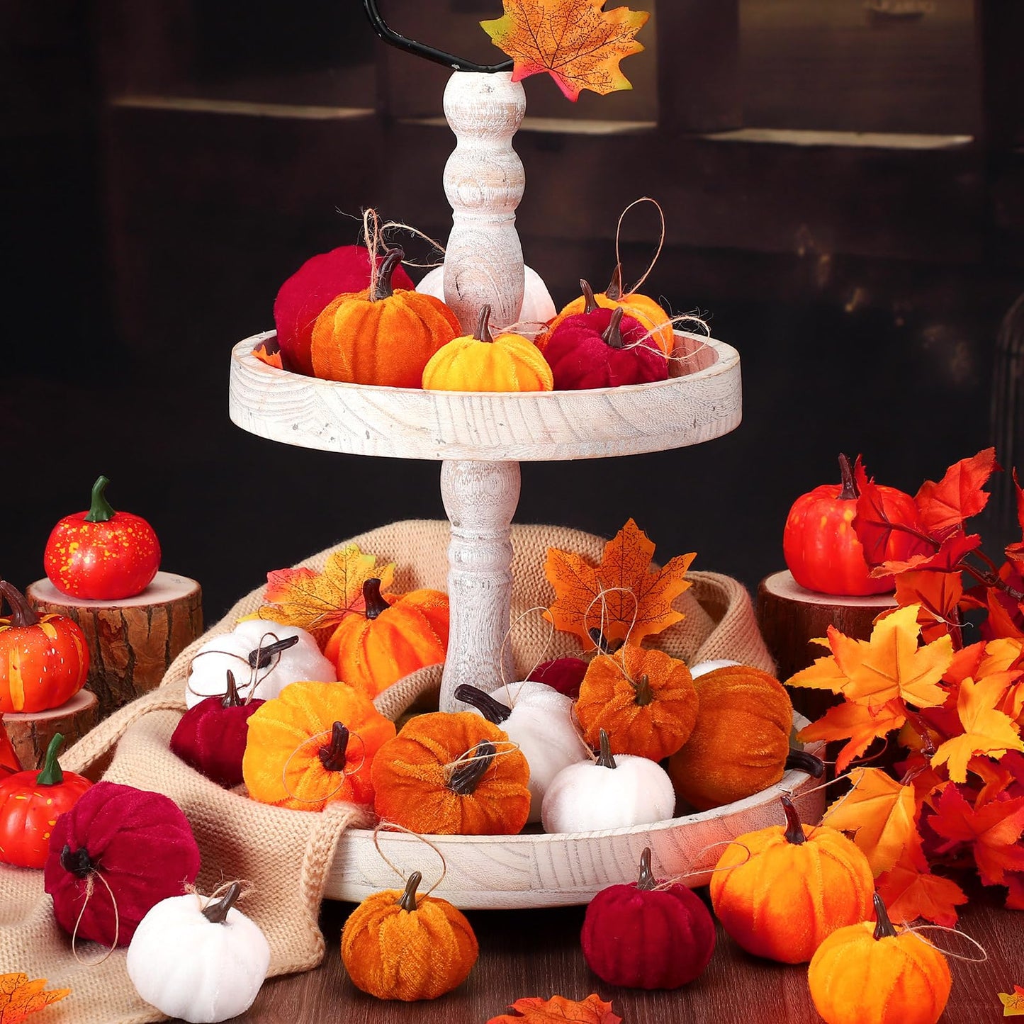 Sotiff 24 Pcs Fall Mini Tree Ornaments Pumpkin Hanging Ornaments Glitter Foam Ball Fabric Wrapped Small Fake Pumpkins Mini Ball for Autumn Home Thanksgiving Christmas Decors (Rustic)