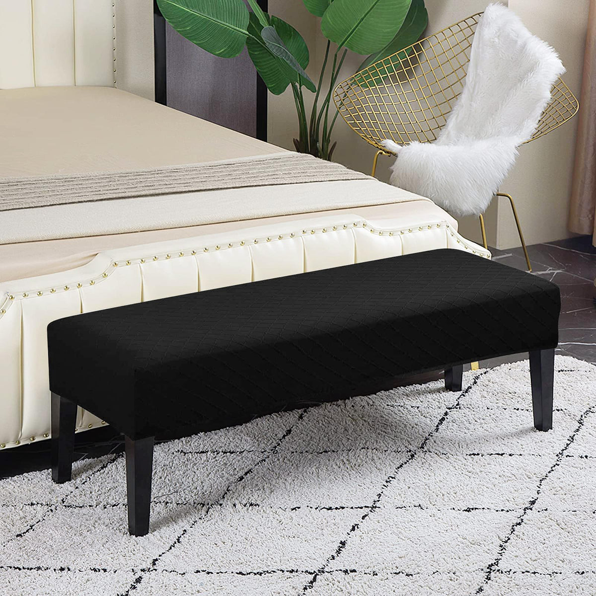 Lebaley Waterproof Stretch Bench Cover – Quilted Pattern, Elastic Rectangular Bench Seat Cover, Washable Bench Slipcover for Dining Room, Entryway & Kitchen (Black)