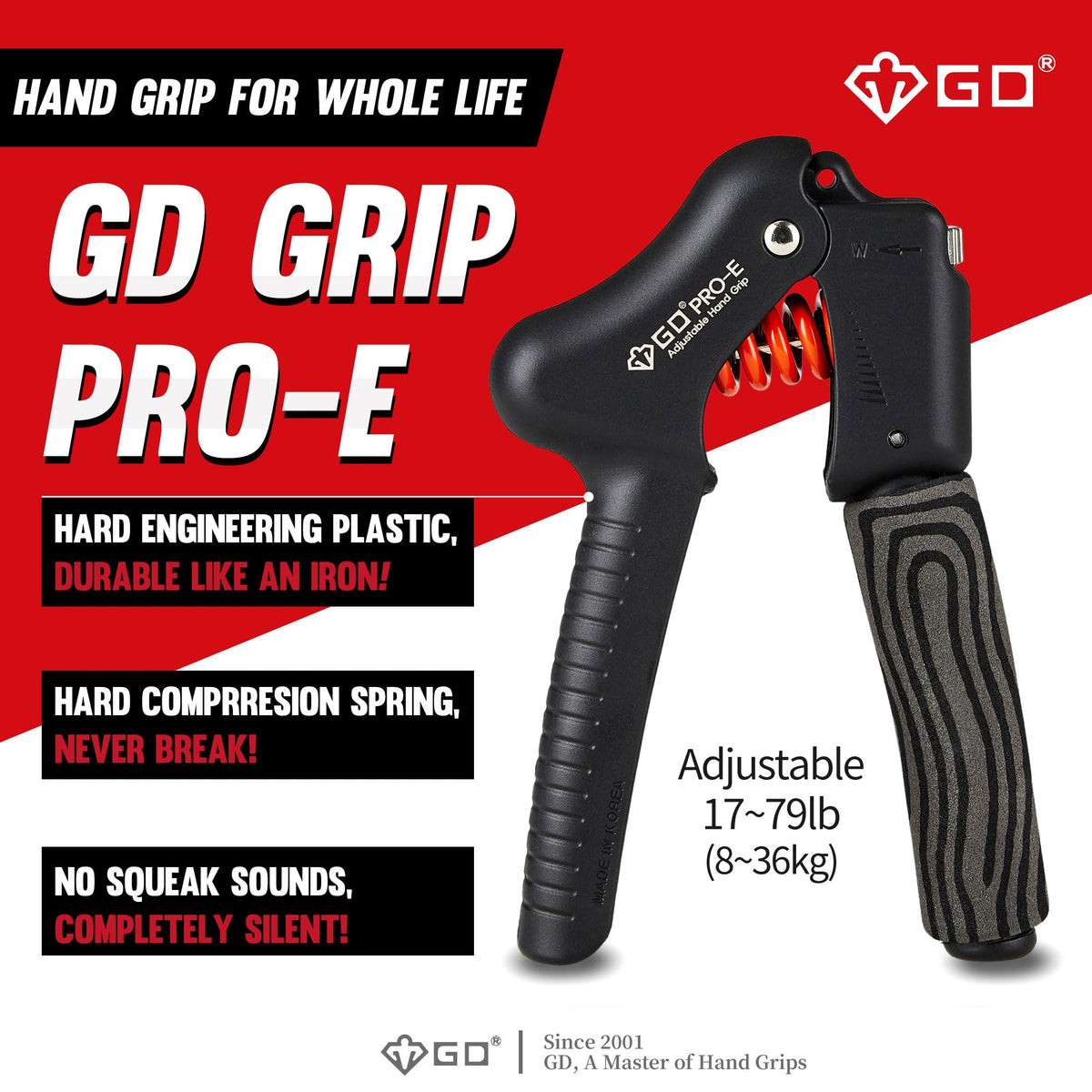 GD GRIP Pro-E, hand grip strengthener (Resistance : 17 to 79 lb) Hand Grip Hand Gripper Adjustable Hand Strengthener Wrist Strengthener Hand Workout