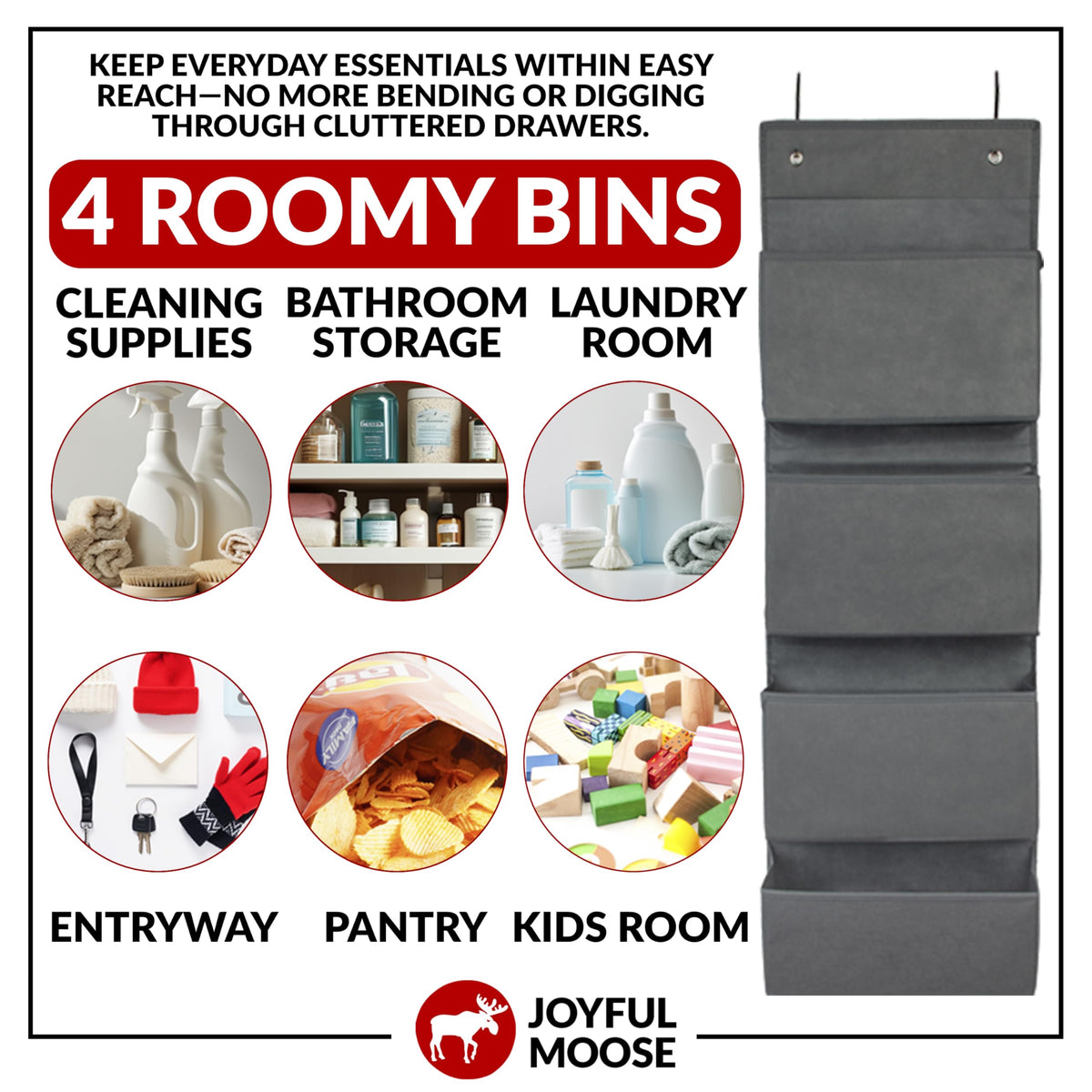 Joyful Moose Over the Door Hanging Organizer Closet Storage Bins Grey