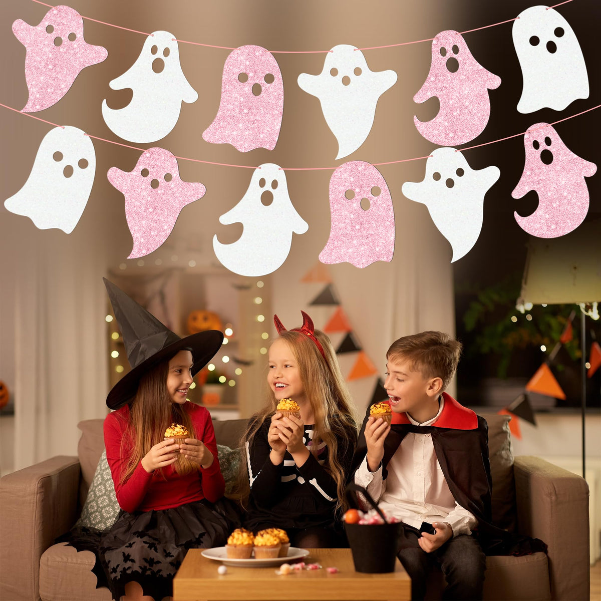 Halloween Party Supplies Halloween Hanging Ghost Banner 2PCS Glitter White Pink Ghost Birthday Party Cutout Banner for Home Haunted Houses Baby Shower Decor