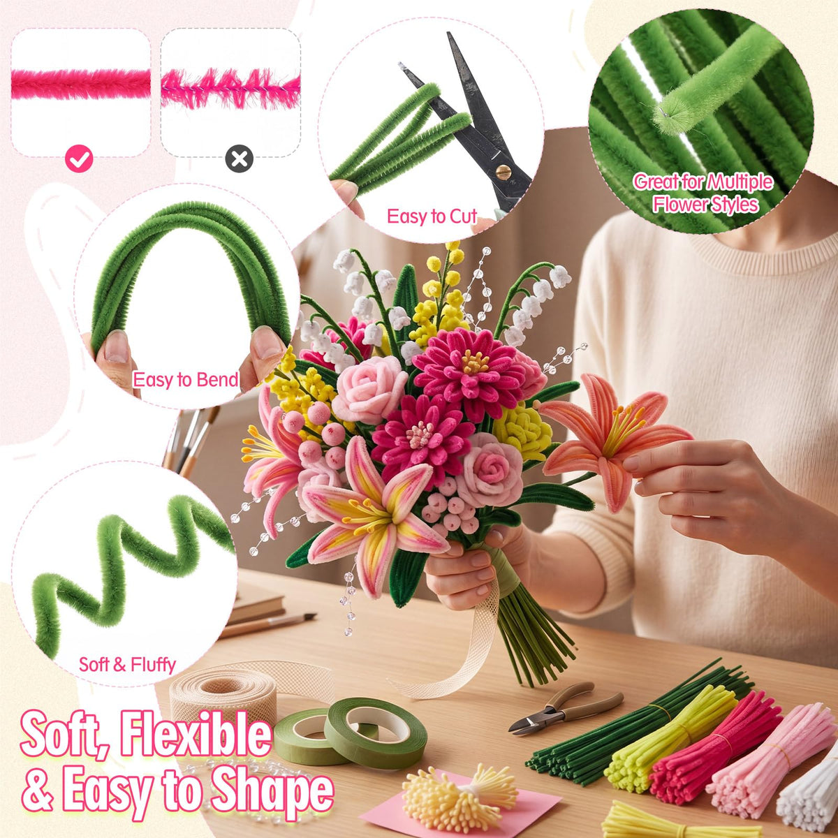 Rivvlive Pipe Cleaner Flower Kit, 1500 Pcs Pipe Cleaners Craft Chenille Stems Bulk with Floral Wires DIY Bouquets Gardening Tape Stamen Ribbon Beads for Art Craft Supplies Gift(Pink Set)