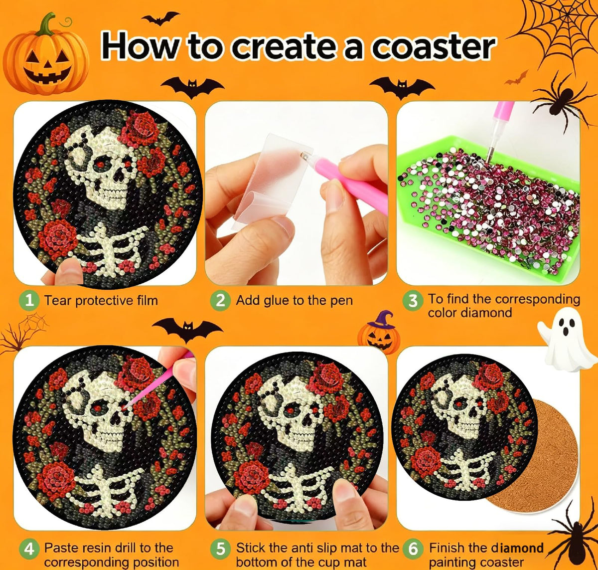 KYOQFVN 8 PCS Halloween Diamond Art Coasters Kits, DIY Halloween Diamond Painting Coasters with Holder, Full Drill Art Crafts Supplies for Cup Mat for Home Decor