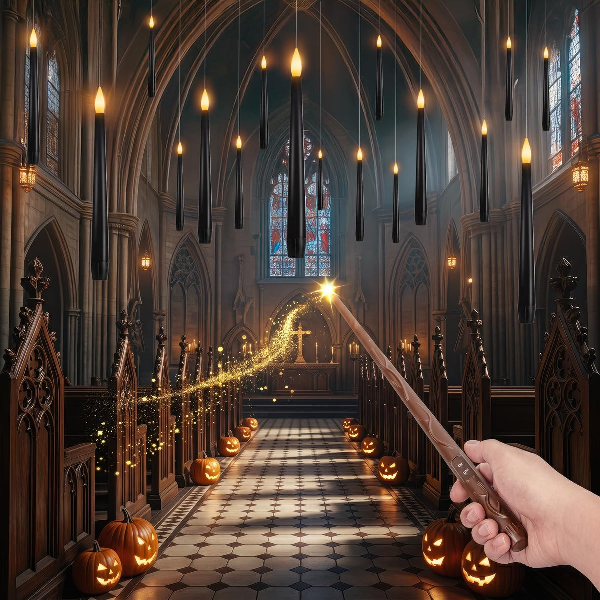 Meigic 20PCS Black Floating and Hanging Flameless Taper Candles with Wand Remote, Battery Operated Gothic Halloween Candles with Flickering Amber Glow for Haunted House, Witchy Dinner, Ceiling Decor