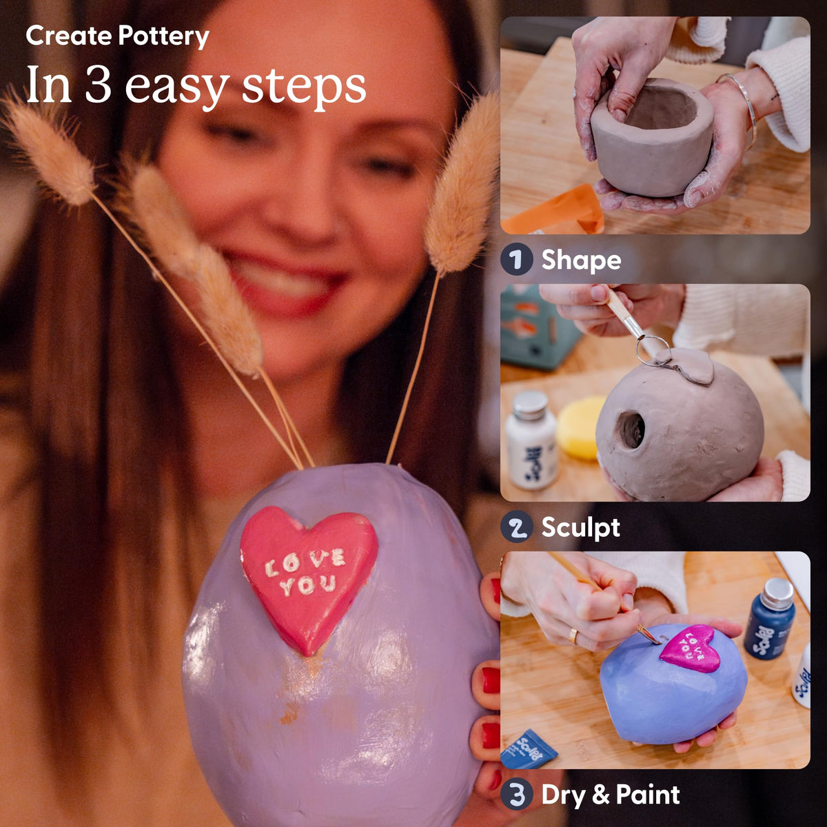 Sculpd - The Original Pottery Kit for Adults - Air Dry Clay for Adults, Tools, Varnish, Paints, Brushes, Couples Date Night Arts & Crafts Set, Gloss Varnish with Pastel Tones