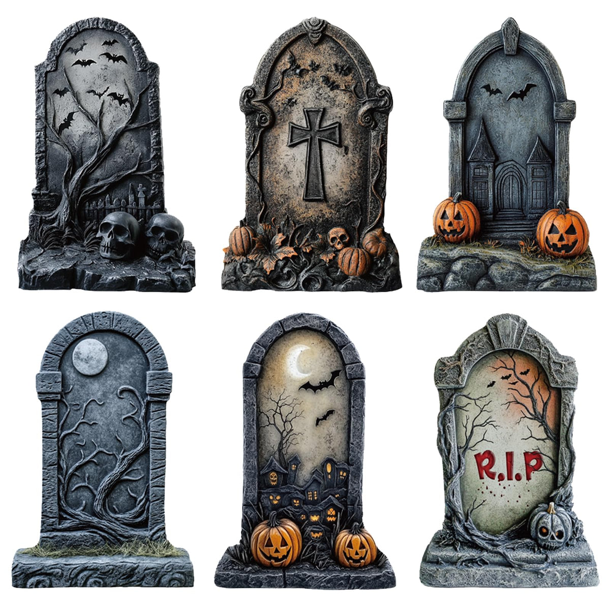 ORNALES 6 Pieces Halloween Tombstone Yard Signs, Waterproof Tombstone Halloween Yard Decorations with Stakes, Ghost Skull Pumpkin Graveyard Design for Outdoor Yard, Garden Lawn, Holiday Party