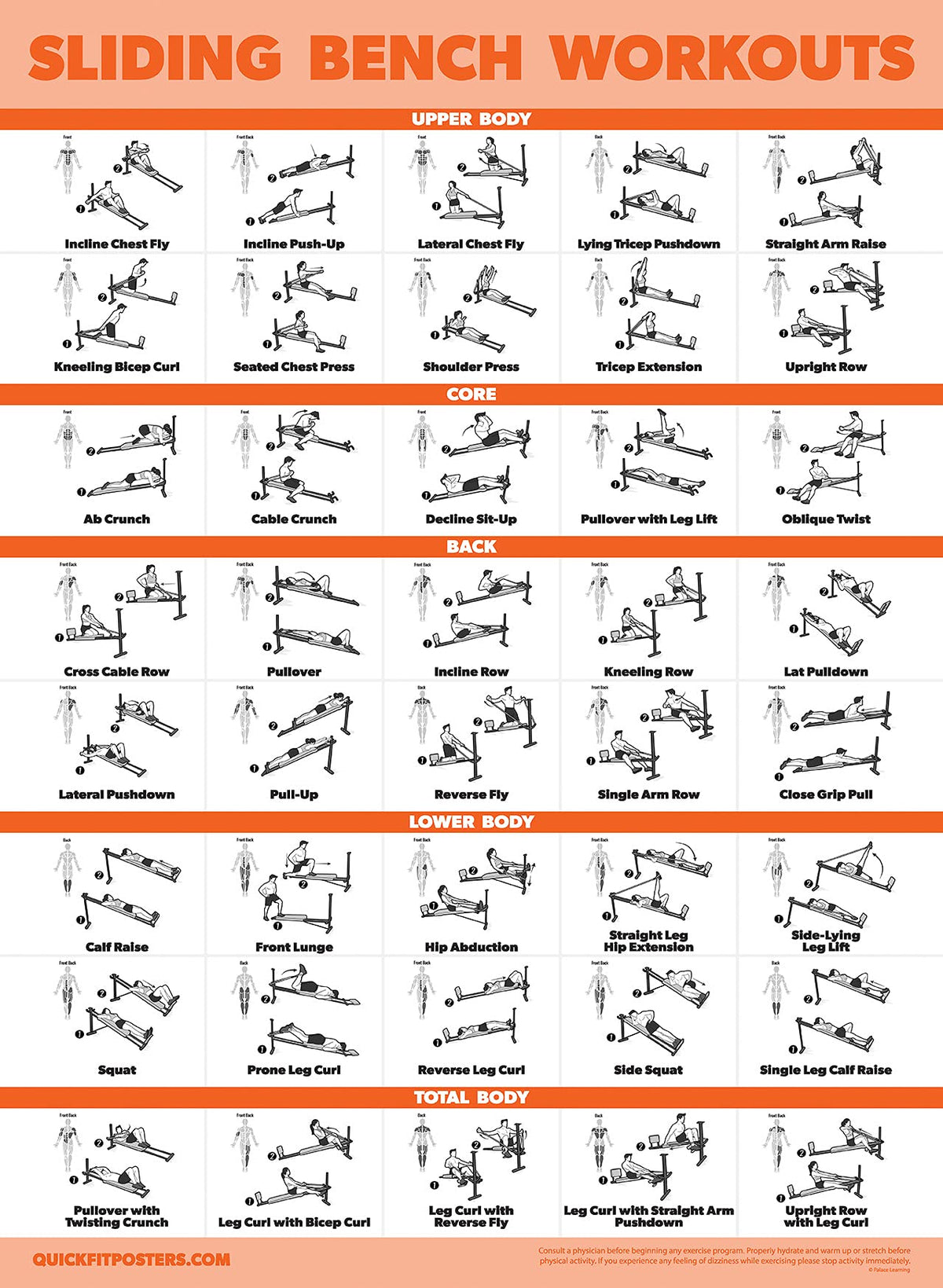 Palace Learning Sliding Bench Workout Poster - Compatible with Total Gym, Weider Ultimate Body Works - Incline Bench Exercise Chart [LIGHT] (LAMINATED, 18” x 24”)