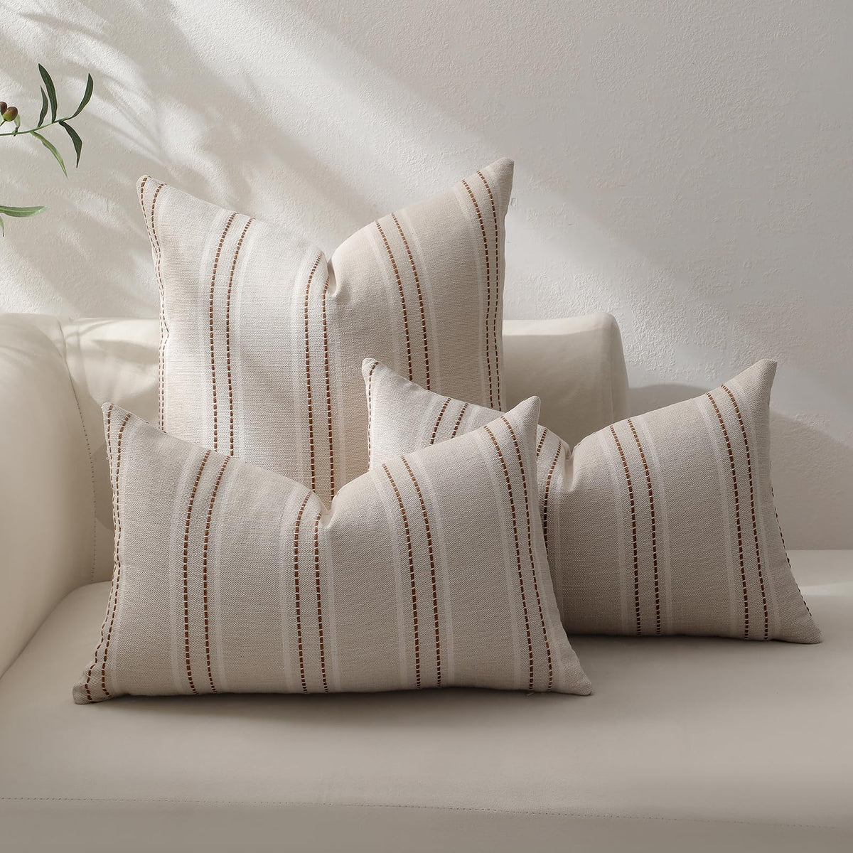 Hckot Fall Throw Pillow Covers 18x18 Set of 2 Striped Pillow Covers Textured Linen Decorative Pillows Square Cushion Covers for Sofa Couch Bed Living Room Farmhouse Decor(Caramel)