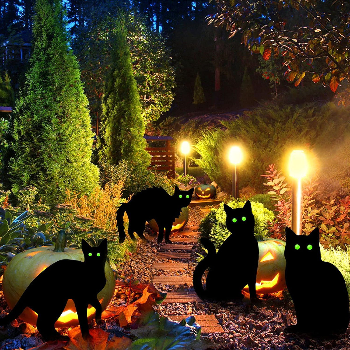 Halloween Decorations Outdoor, 8PC Black Cat Yard Signs with Stakes, Scary Silhouette Glow in Dark Eyes, Waterproof Corrugated Plastic Lawn Decor for Halloween Party Decor