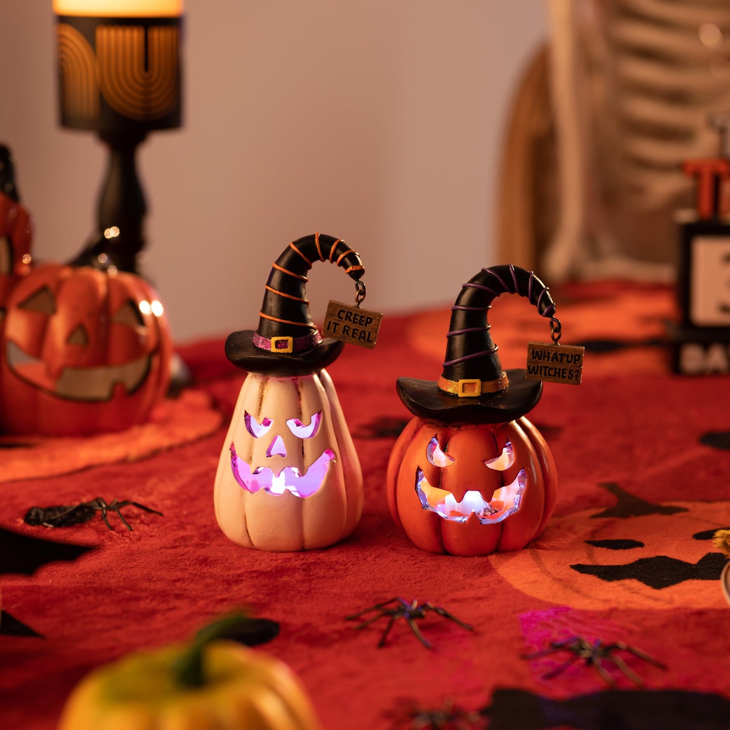Valery Madelyn Pumpkin Halloween Decorations Indoor for Home, 2Pcs Resin Halloween Figurines with Light, White and Orange Jack o Lantern Decor with Witch Hat for Table Tiered Tray, 5.7" Tall