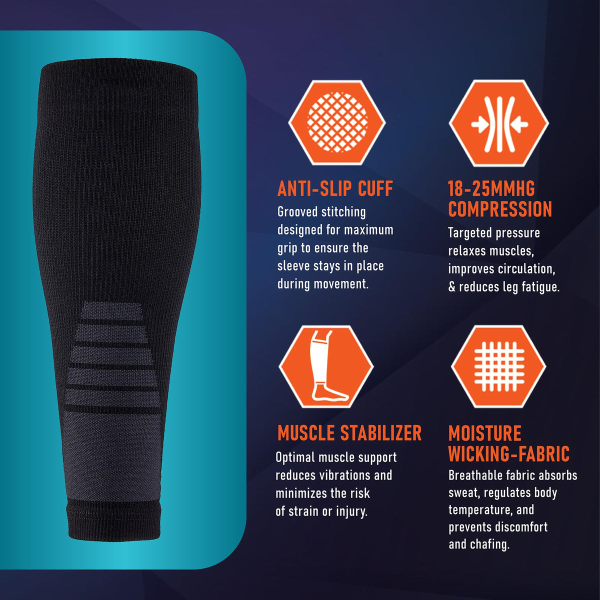 Calf Compression Sleeves for Men and Women - (1 Pair) Footless Compression Socks Support for Varicose Veins, Nursing, Pregnancy, Running - PhysFlex Leg Sleeve Brace for Shin Splints, Pain Relief and Reduces Swelling (Black, Medium)