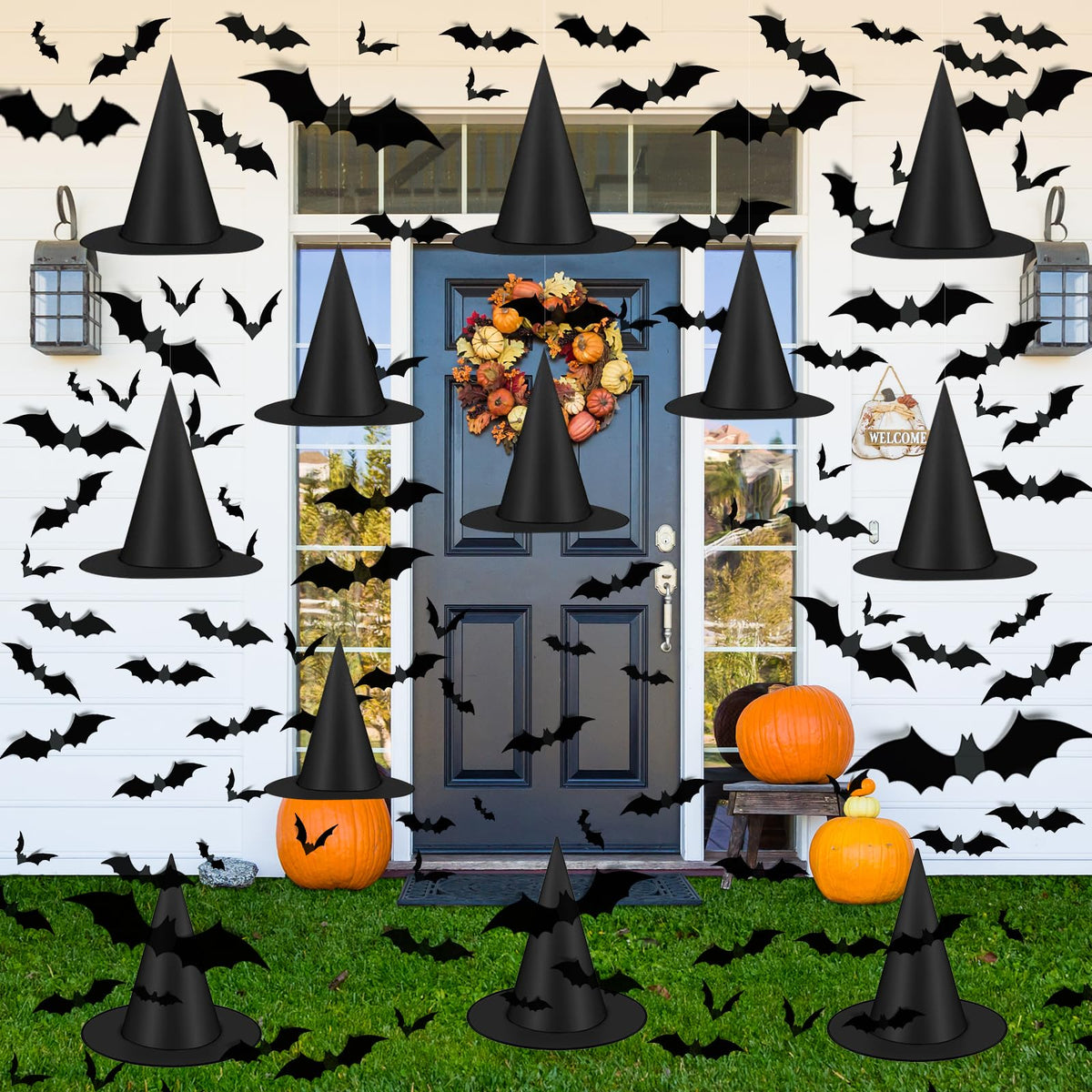 Famoby 12pcs Halloween Black Witch Hat with 157 FT Nylon Cord &120pcs Bat Sticker for Indoor Outdoor Home Yard Porch Ceiling Halloween Party Decorations