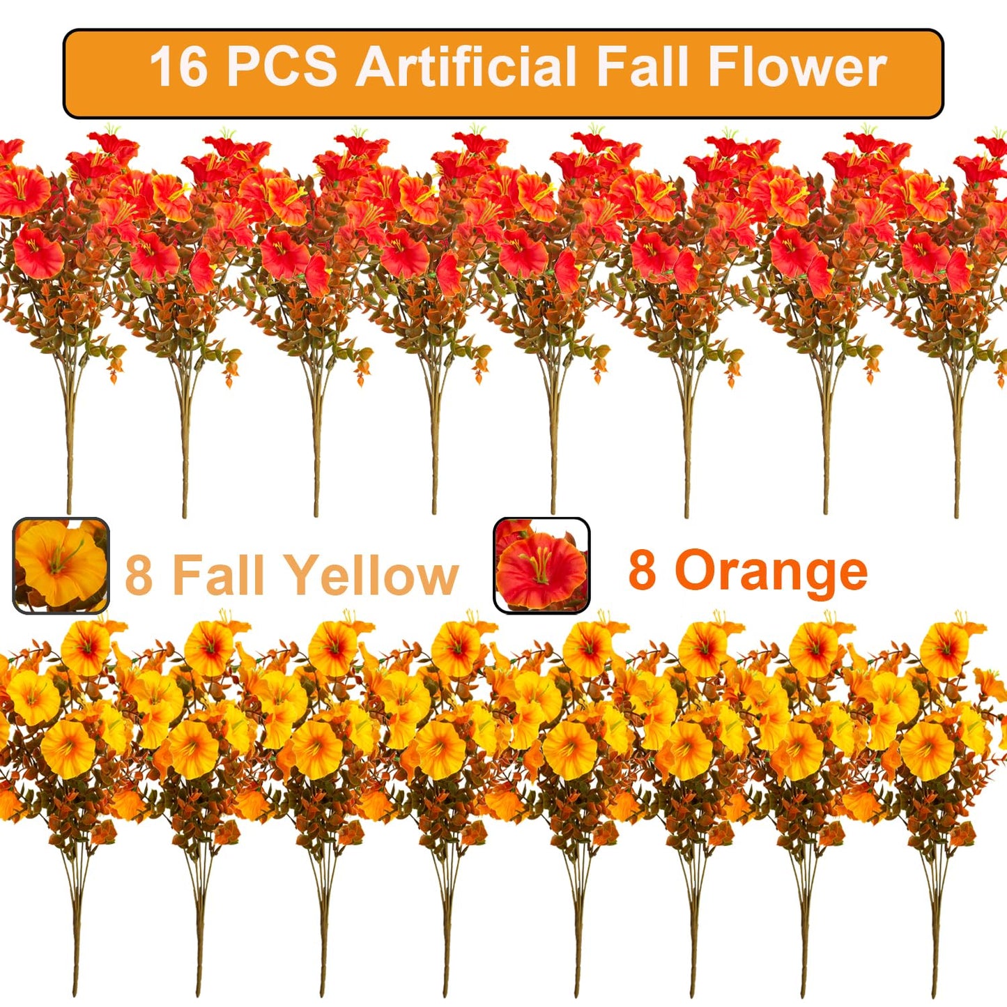 Grunyia 16 PCS Outdoor Fall Artificial Flower - Autumn Thanksgiving Halloween Porch Decor, Faux UV-Resistant Plants for Front Door, Wall, Fence, Fireplace Mantel Decorations