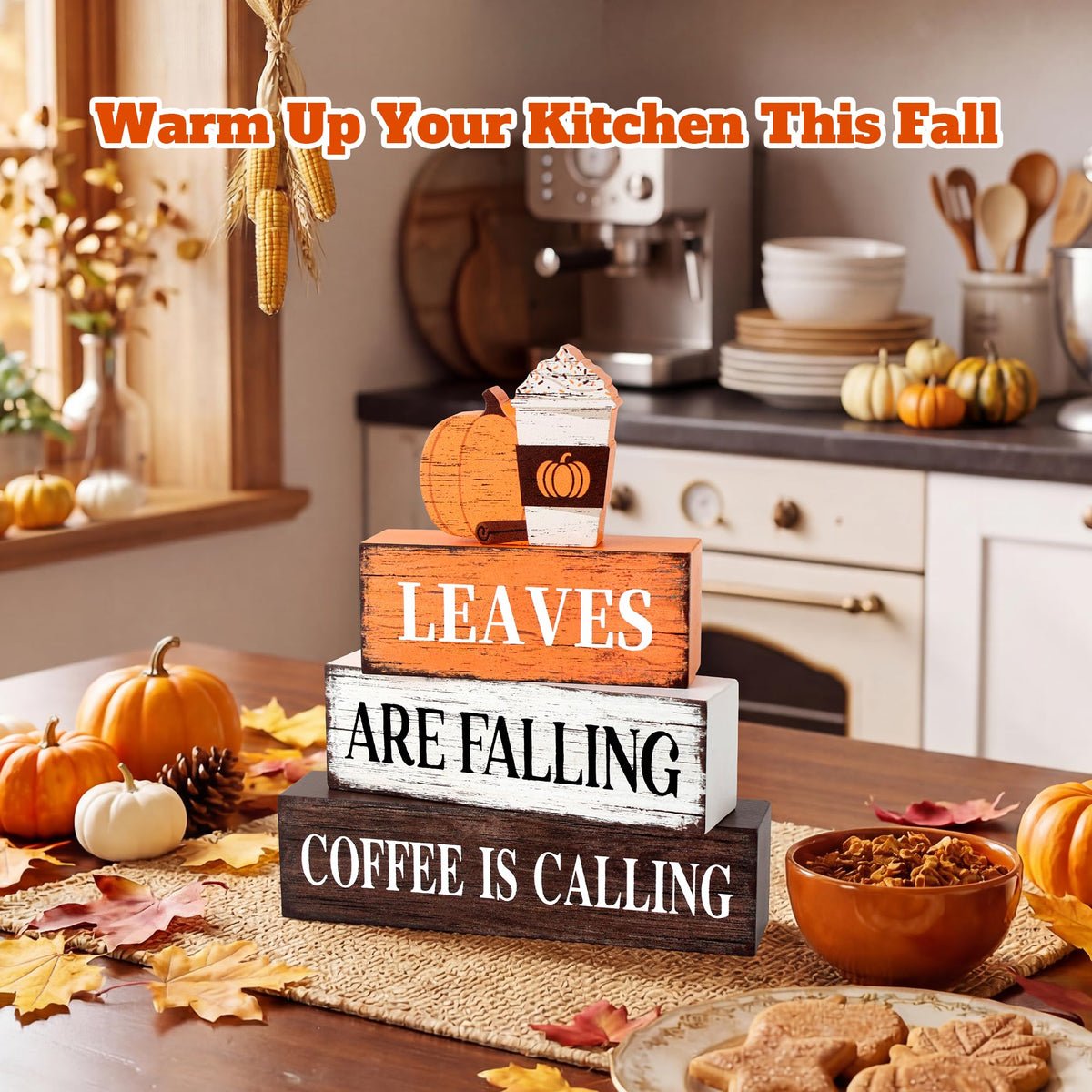 4 Pcs Fall Decor Wooden Tiered Tray Decor, Pumpkin Coffee Fall Decorations Gifts for Home, Autumn Thanksgiving Table Centerpiece for Autumn Harvest Party Kitchen