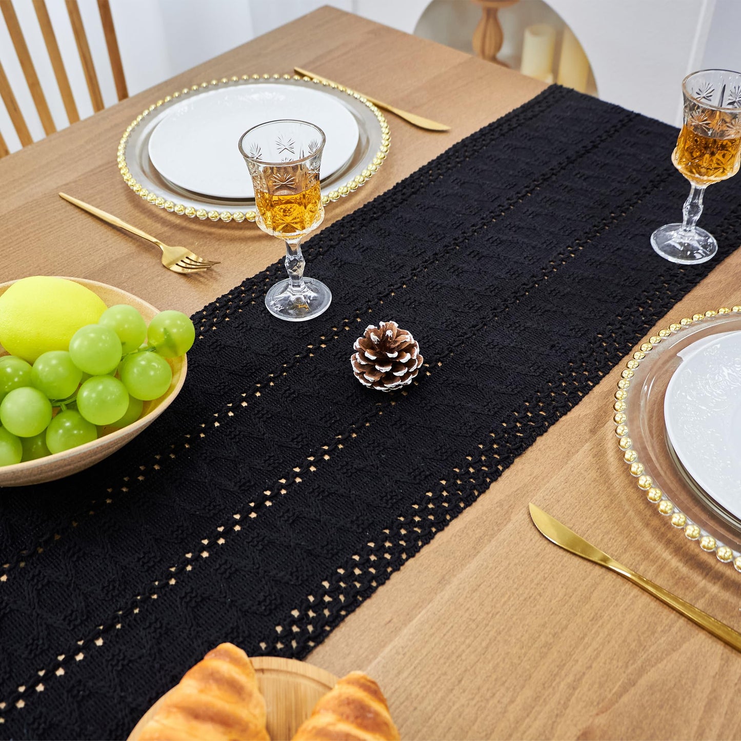 FEXIA Black Table Runner for Summer Home Decor with Tassels 108 Inches Long Farmhouse Rustic Black Halloween Table Runner Macrame Gothic Burlap Table Decoration for Living Room (12x108 Inches)