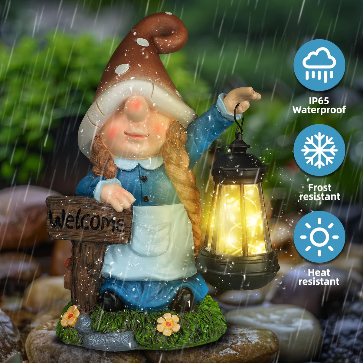 FLJZCZM Solar Large Gnome Garden Statue with Welcome Sign Outdoor Decor with LED Lantern Funy for Porch Yard Patio Lawn Ornament Christmas Housewarming Gardening Gift