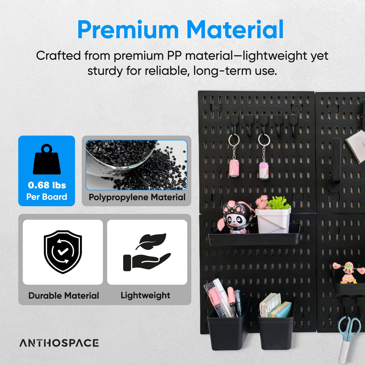 ANTHOSPACE Black Pegboard Organizer Set with Hooks & Storage Boxes, Desk or Wall Peg Board Panels for Tools, Crafts, and Office Supplies – 4 Boards (30×30 cm Each)