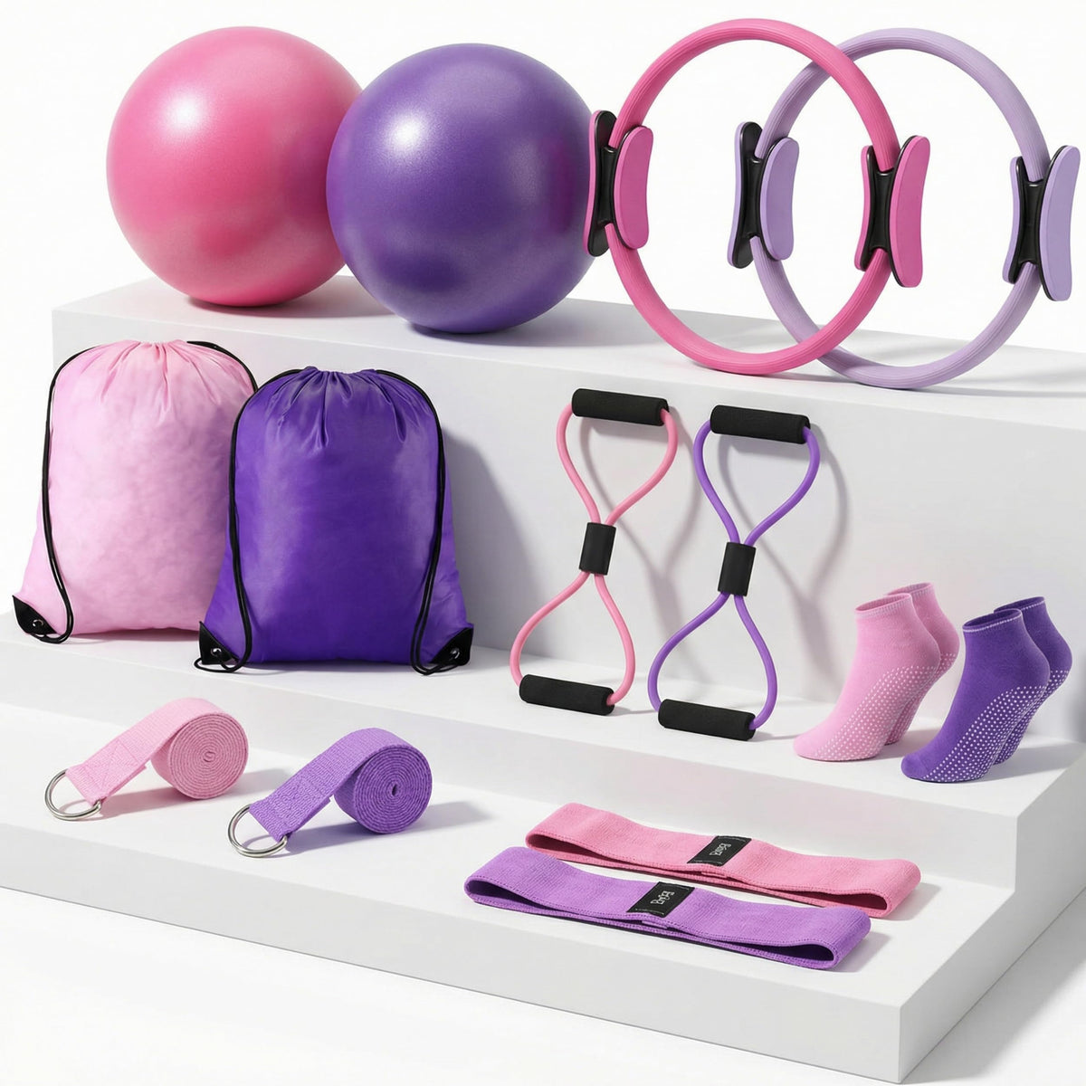 Poen 14 Pcs Pilates Equipment Kit for Home Workout Pilates Ring and Ball Set for Women 12'' Circle Yoga Fitness Essentials Kit with Resistance Bands, Yoga Strap, Socks,Bag (Purple,Pink)
