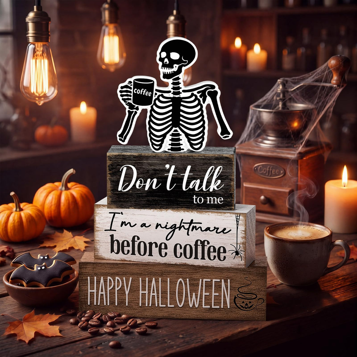 Marsui 4 Pcs Halloween Coffee Bar Decorations Skeleton Nightmare Before Coffee Tabletop Decor Funny Gothic Wooden Sign Block Halloween Table Centerpiece for Home Indoor Office Shelf Tiered Tray Decor