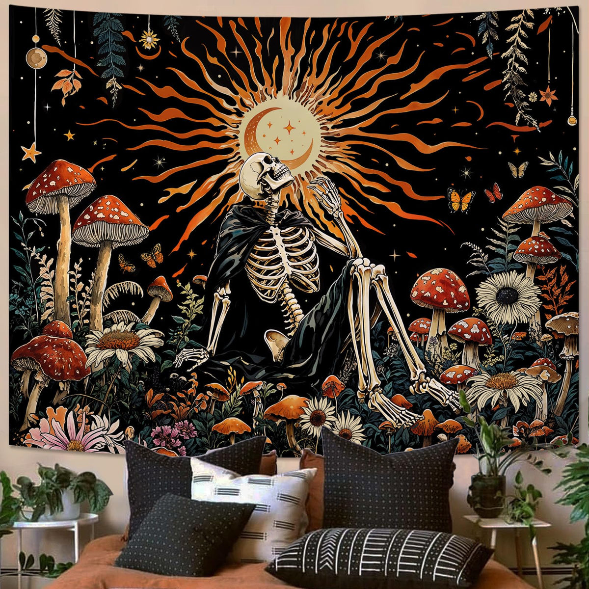 Kanuyee Fantast Meditating Skeleton Tapestry Mushroom Wall Art Tapestries Gothic Boho Room Decor Aesthetic Wall Hanging for Bedroom Dorm Living Room Fantasy Art 90x70 Inch